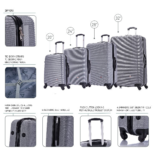 Set of gray suitcases with features highlighted on a white background