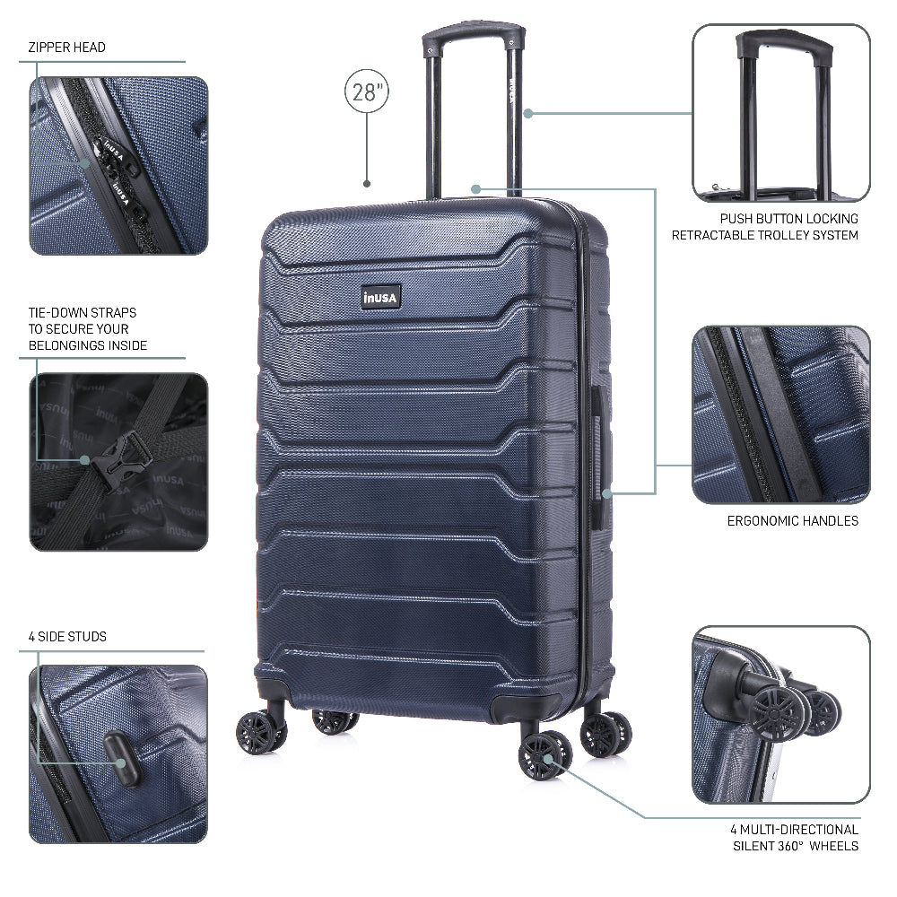 Navy blue suitcase with features highlighted on a white background