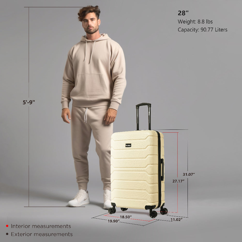Man standing next to a beige suitcase with measurements and specifications on a gray background
