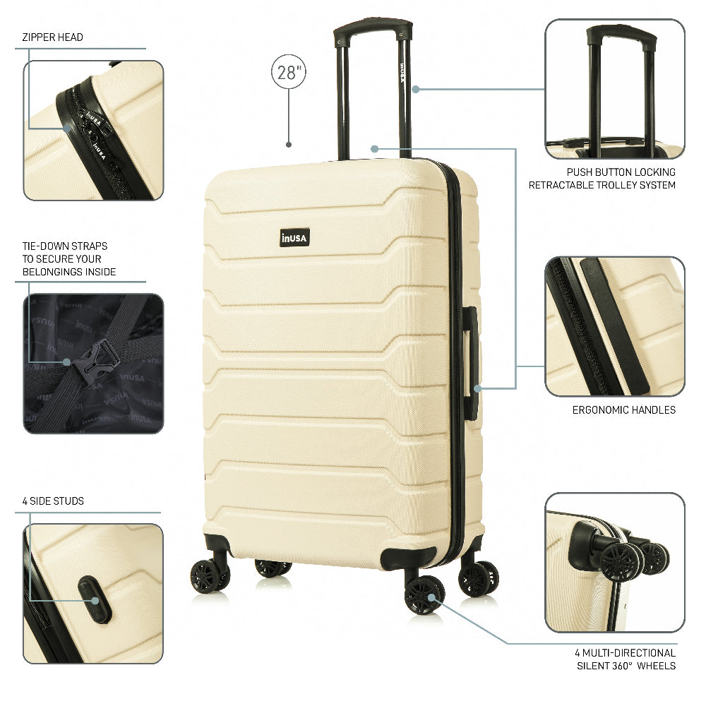 Beige suitcase with features highlighted on a white background