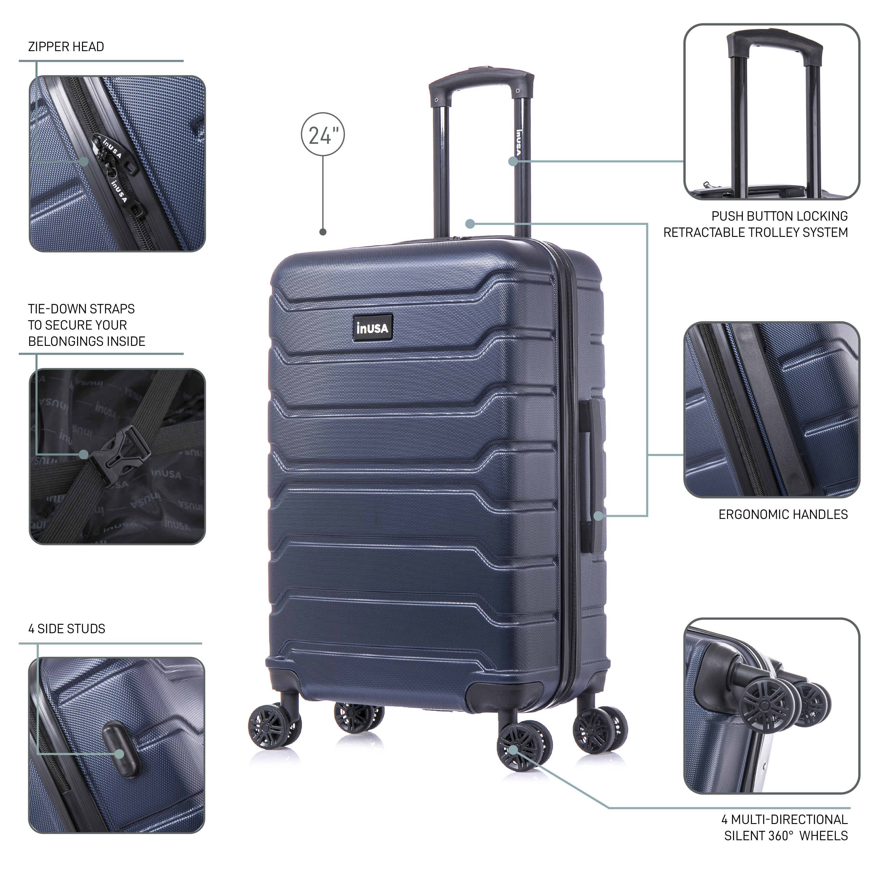 Navy blue suitcase with features highlighted on a white background