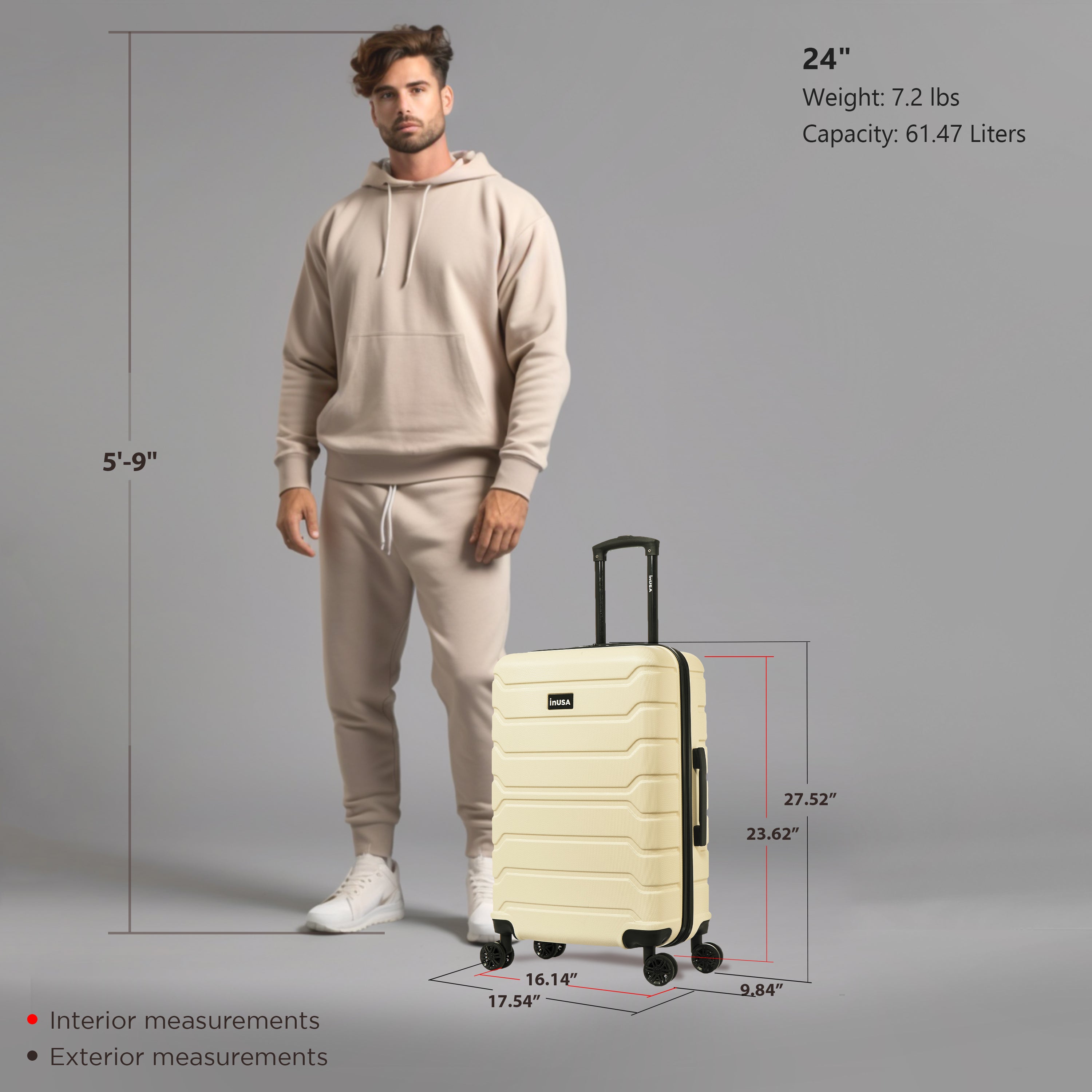 Man standing next to a beige suitcase with measurements displayed