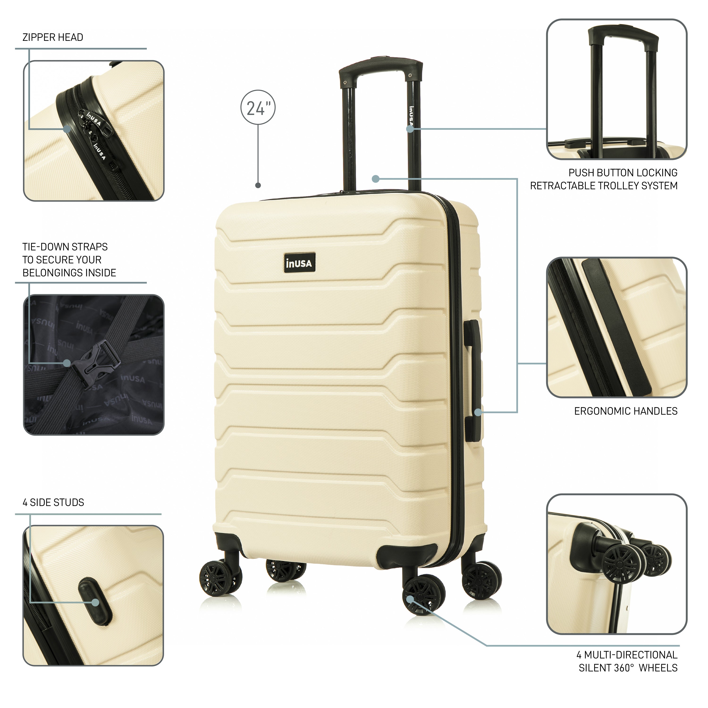 Beige suitcase with features highlighted on a white background
