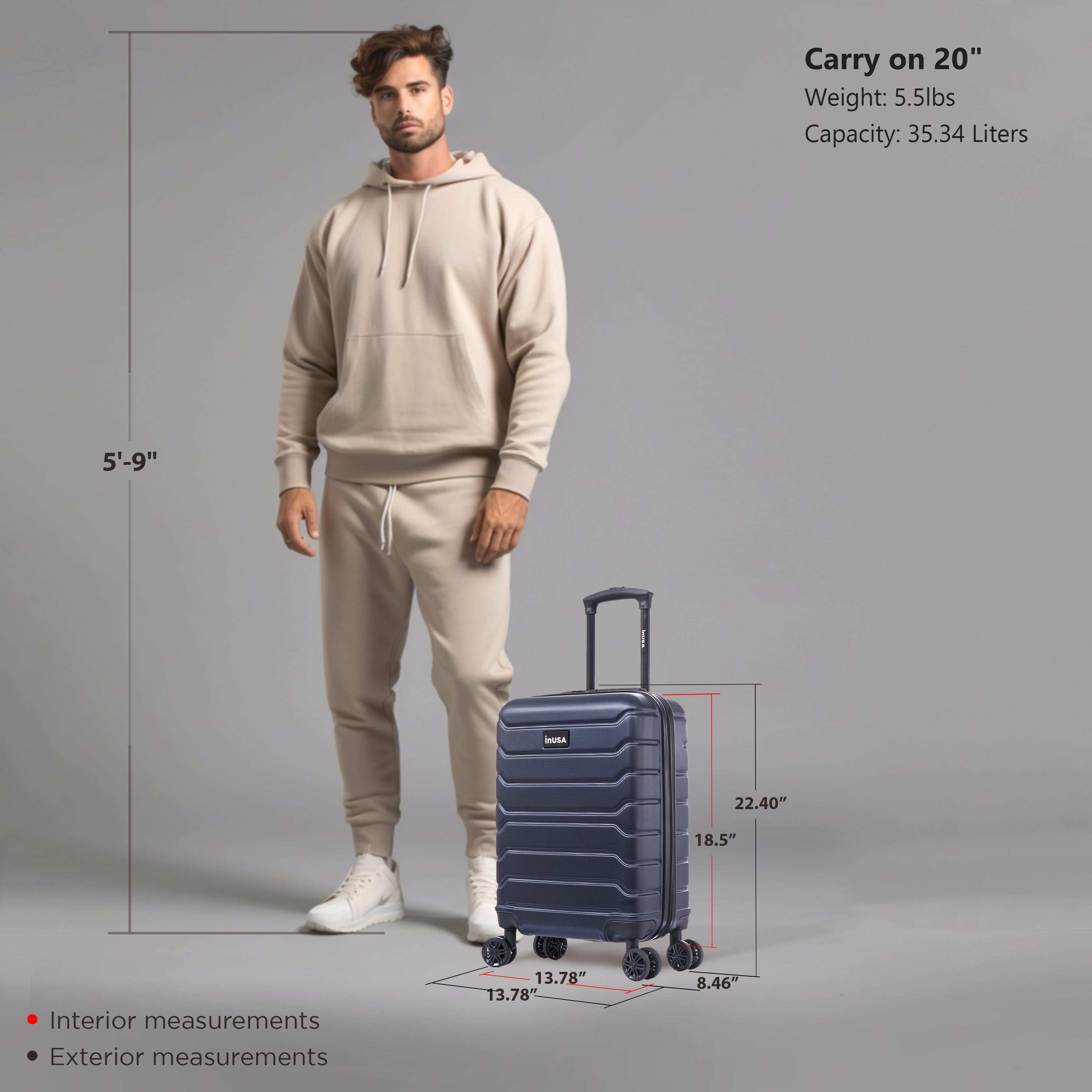 Man standing next to a navy suitcase with measurements displayed