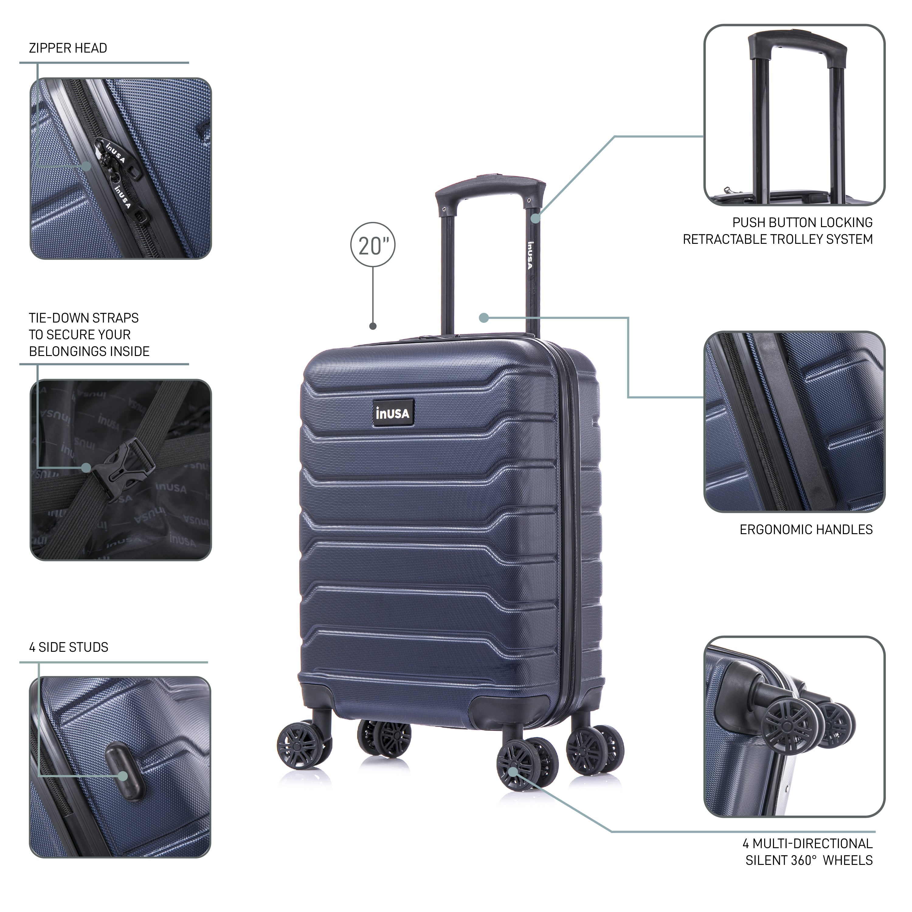 Blue suitcase with features highlighted on a white background