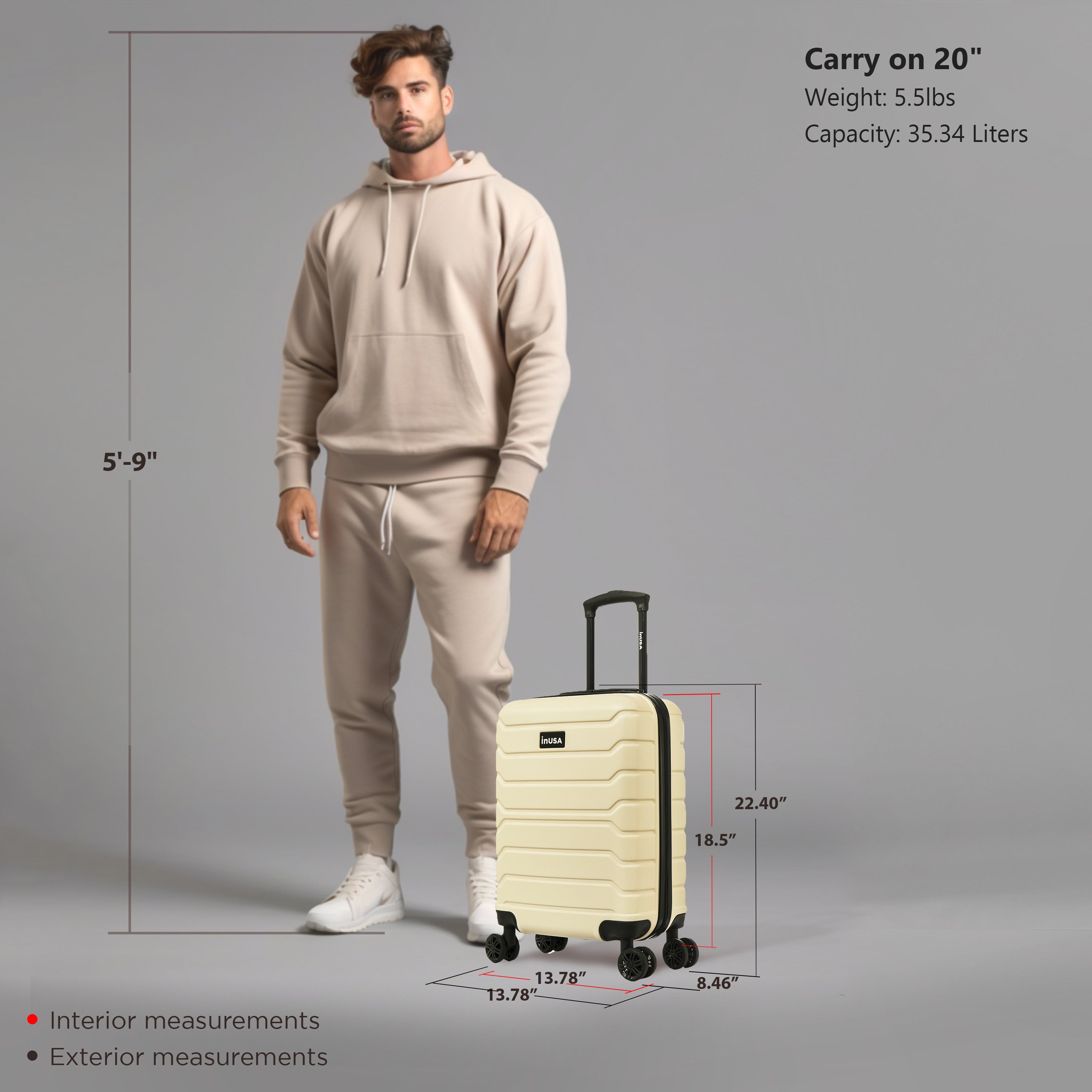 Man standing next to a beige suitcase with measurements on a gray background