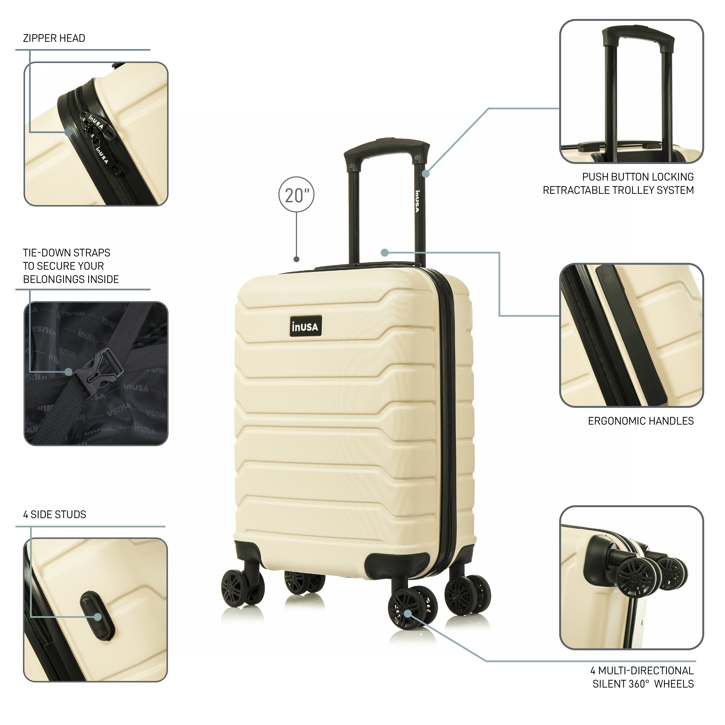 Beige suitcase with features highlighted on a white background