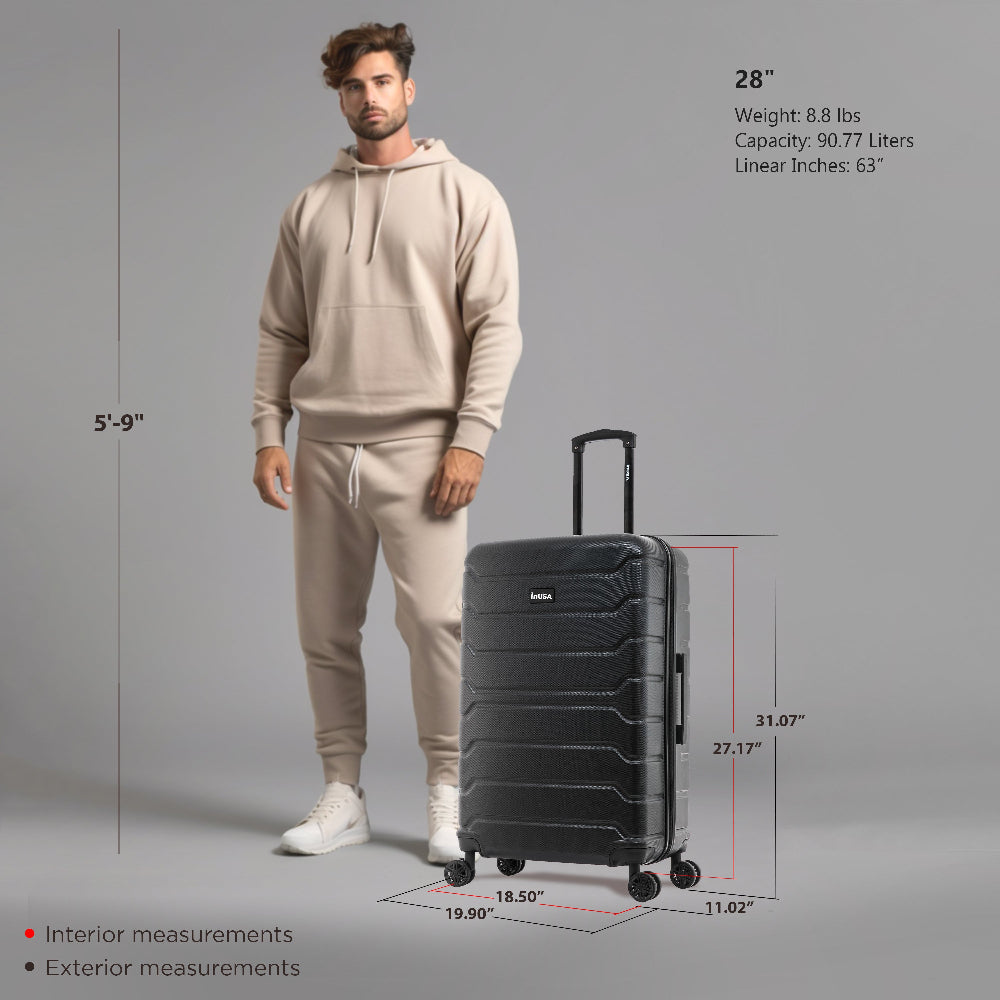 Man standing next to a black suitcase with measurements displayed
