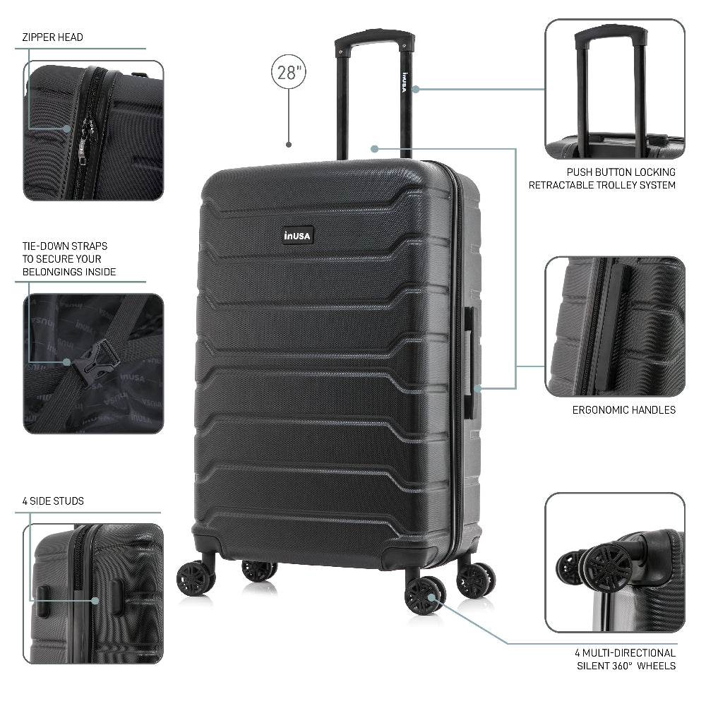 Black suitcase with features highlighted on a white background