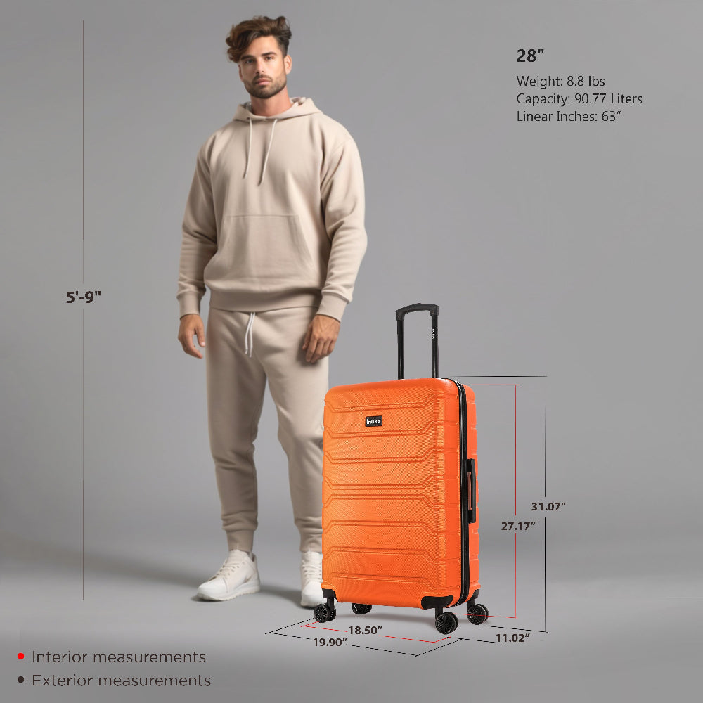 Man standing next to an orange suitcase with measurements displayed