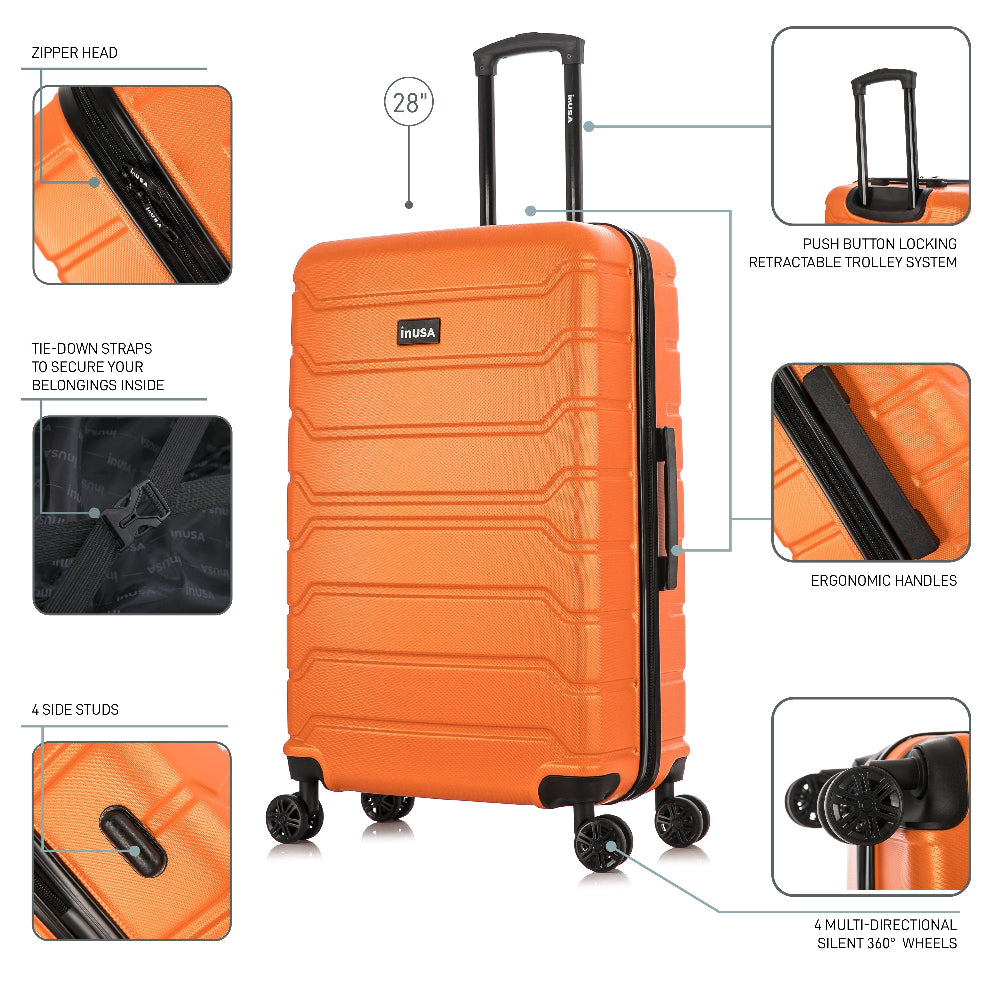 Orange suitcase with features highlighted on a white background