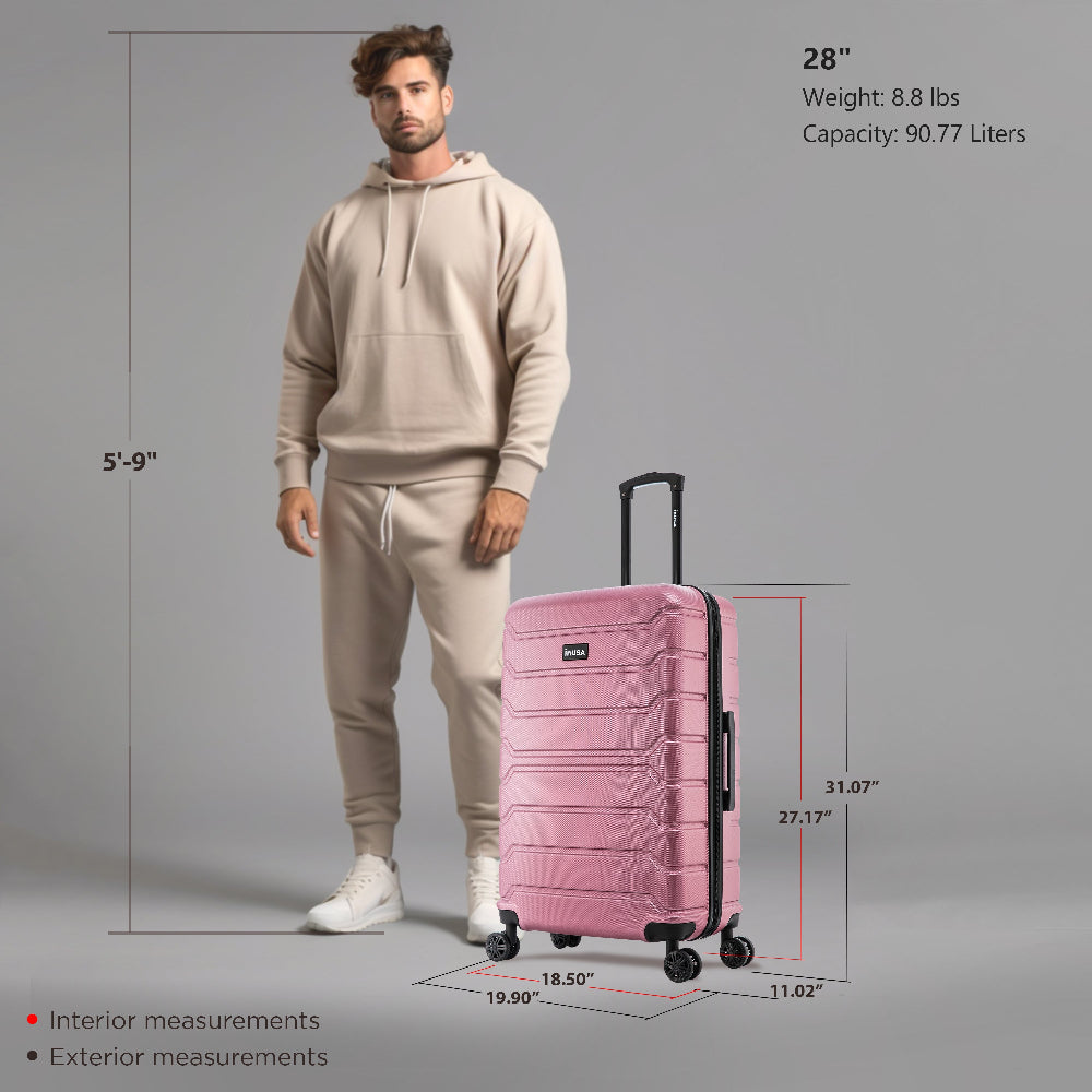 Man standing next to a pink suitcase with measurements and specifications on a gray background