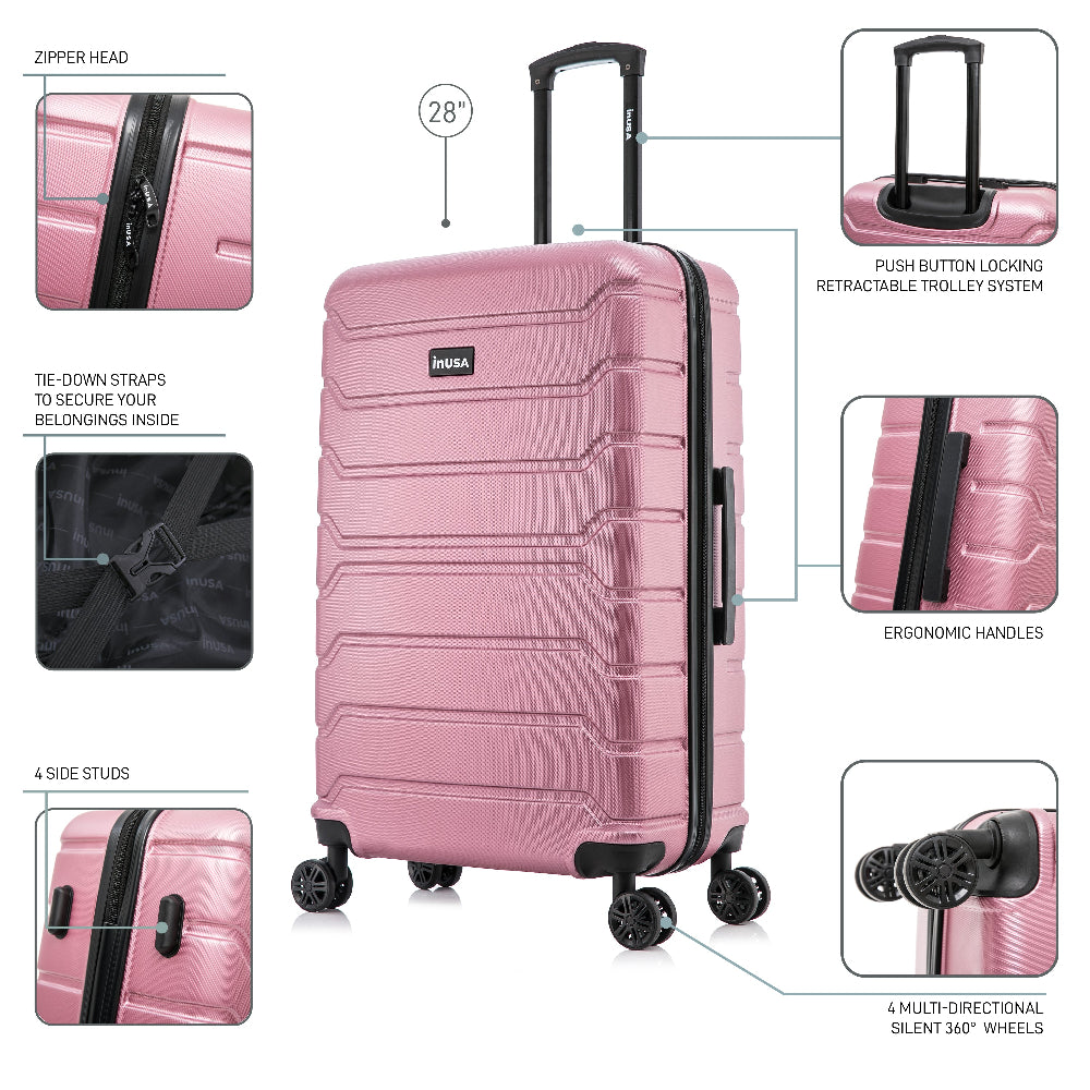 Pink suitcase with features highlighted on a white background