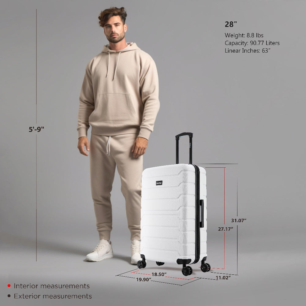 Man standing next to a white suitcase with measurements displayed