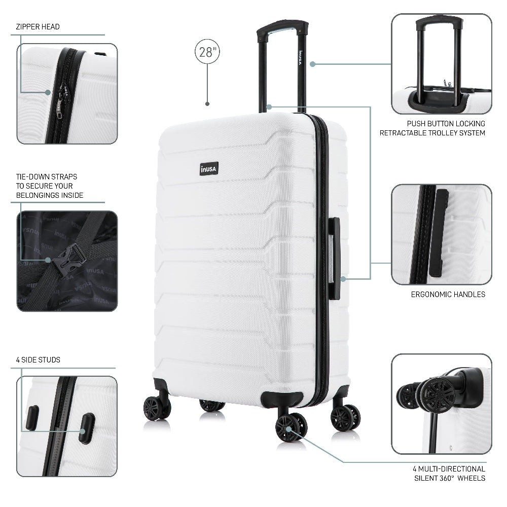 White suitcase with features highlighted on a white background