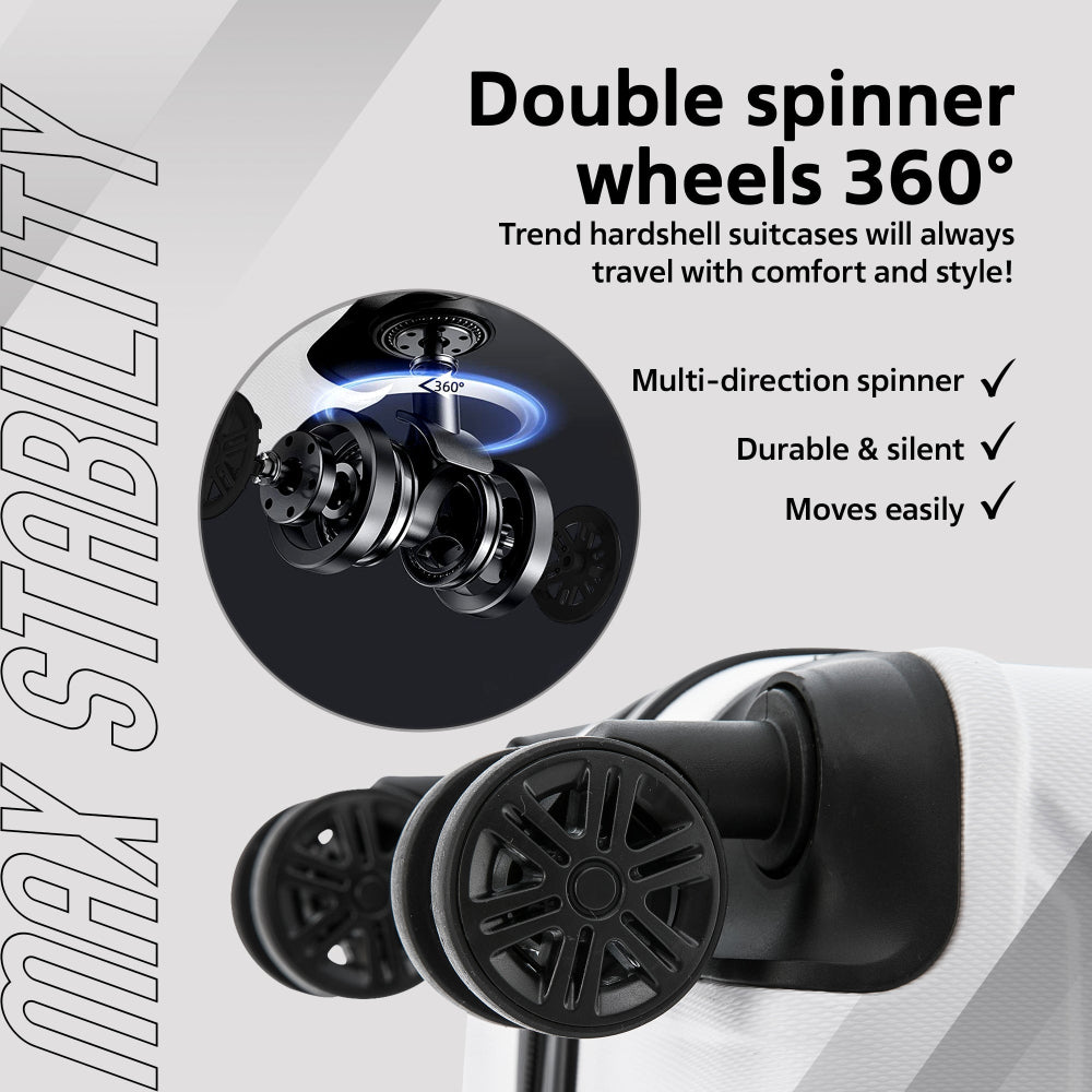 Advertisement for double spinner wheels with text highlighting features on a gray background.
