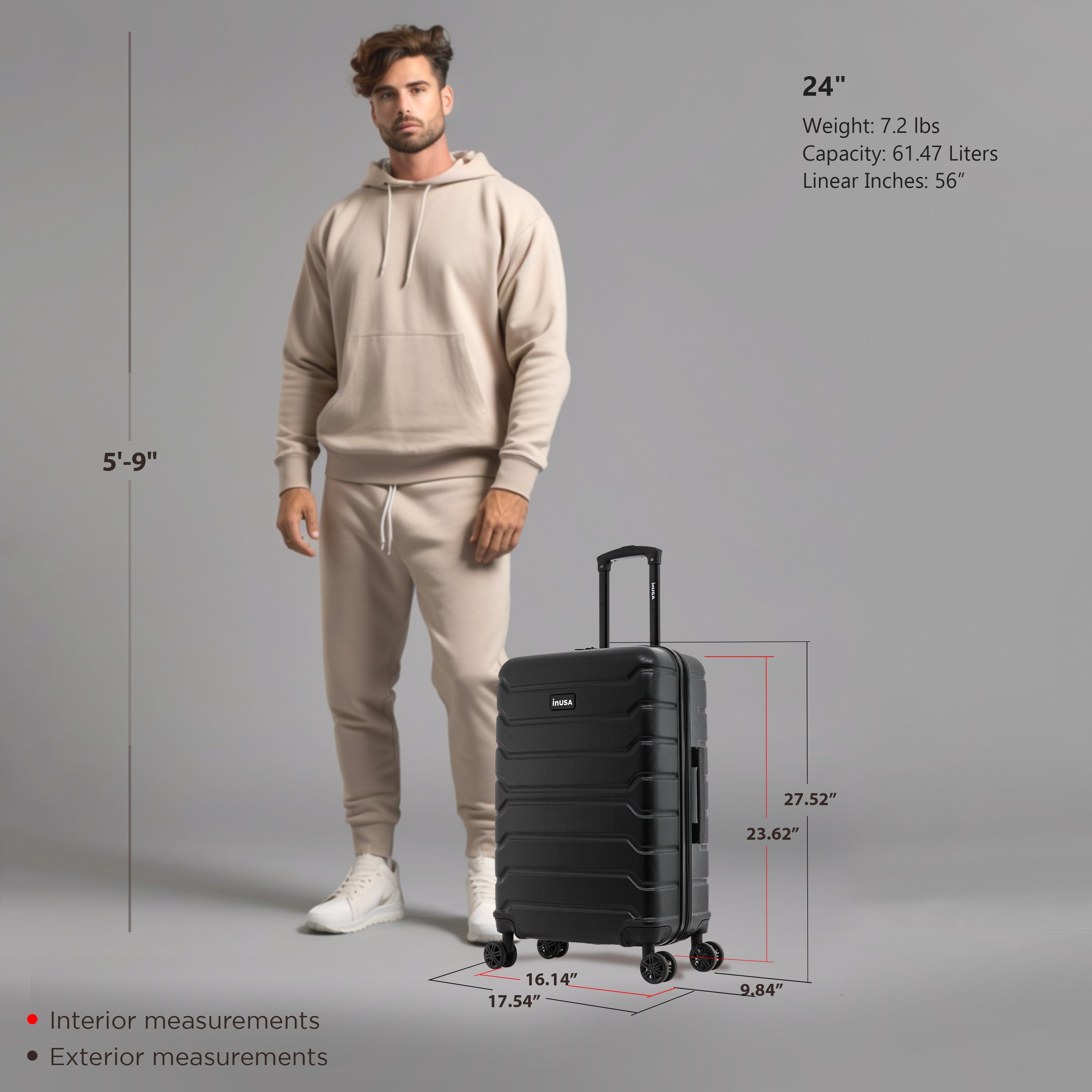 Man standing next to a black suitcase with measurements displayed