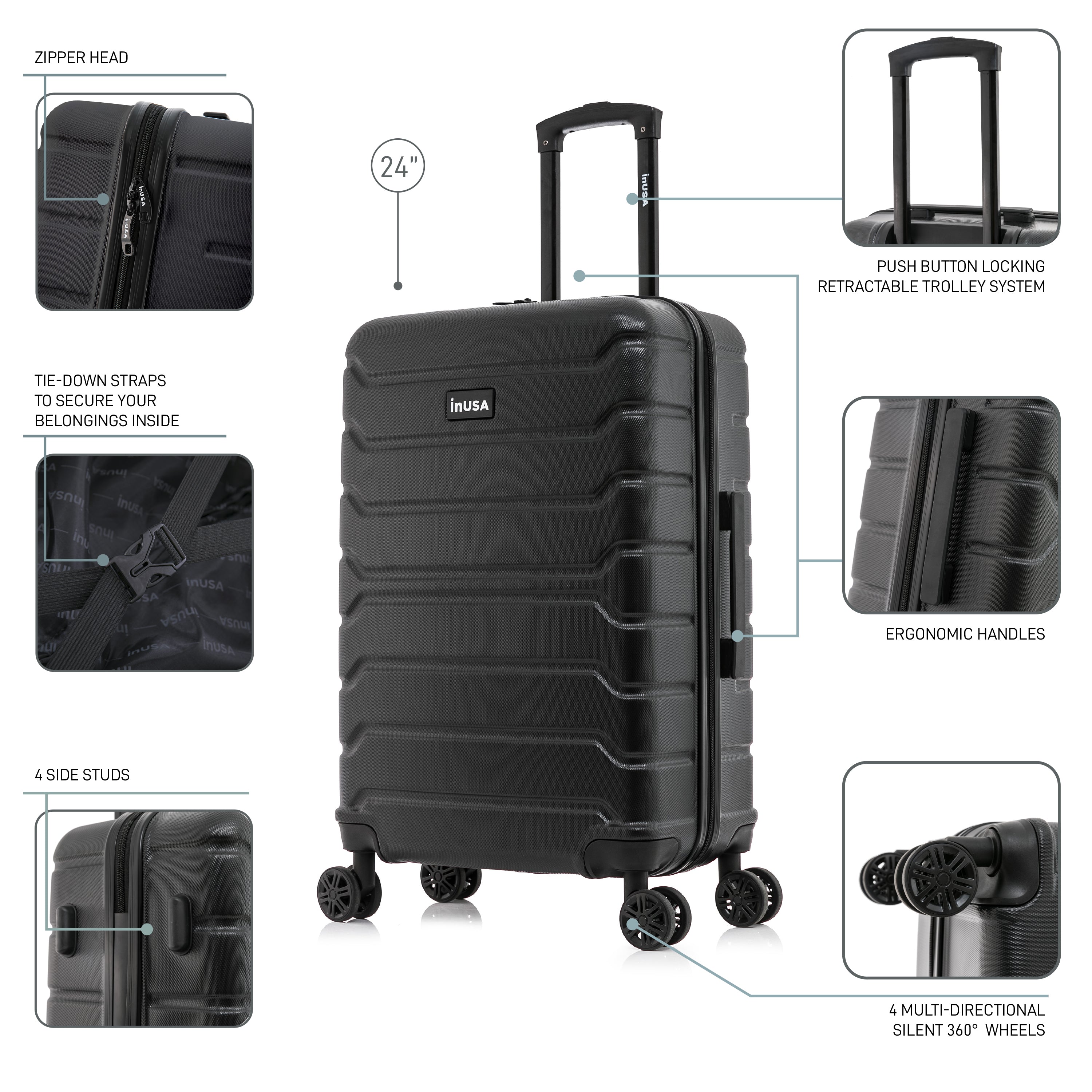 Black suitcase with features highlighted on a white background