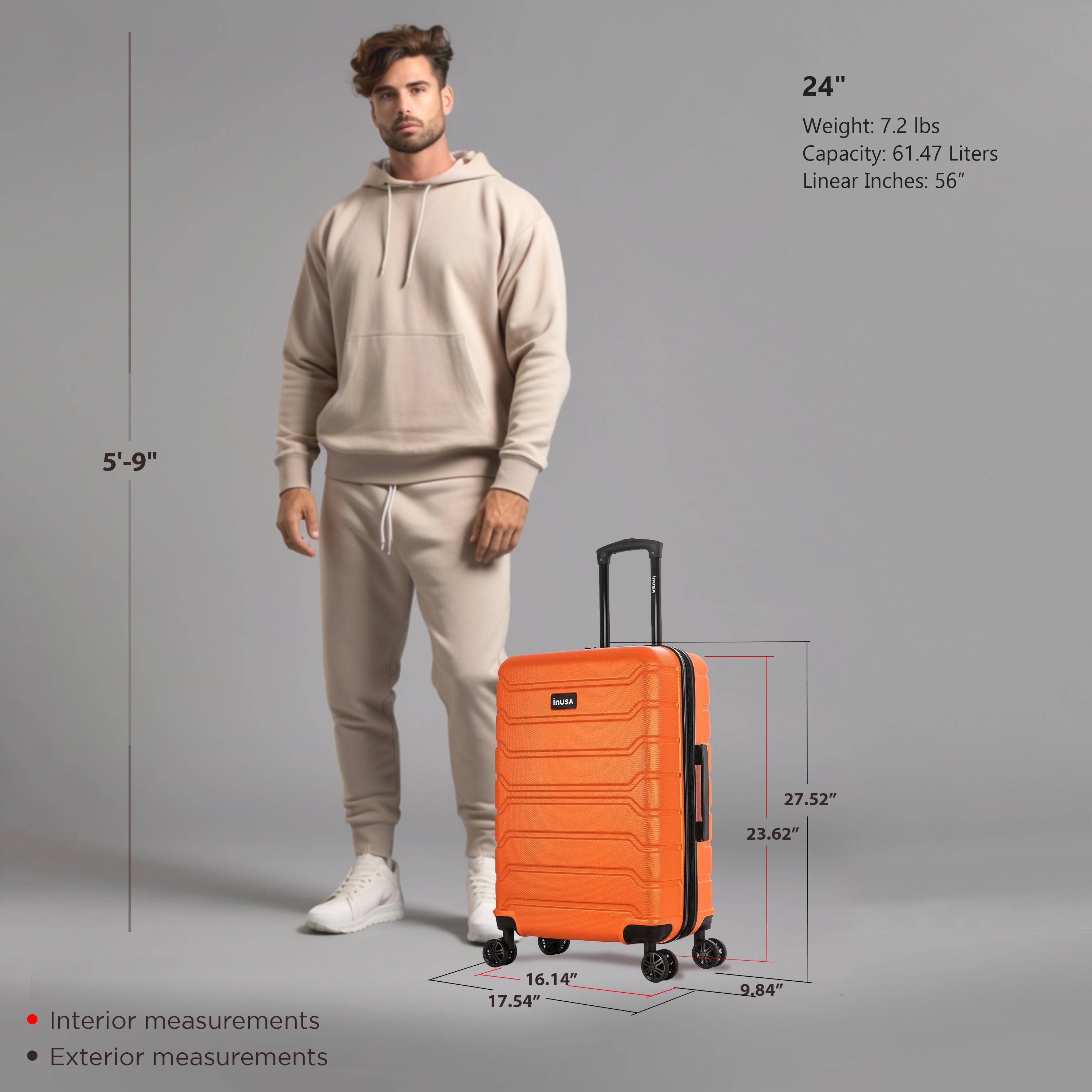 Man standing next to an orange suitcase with measurements displayed