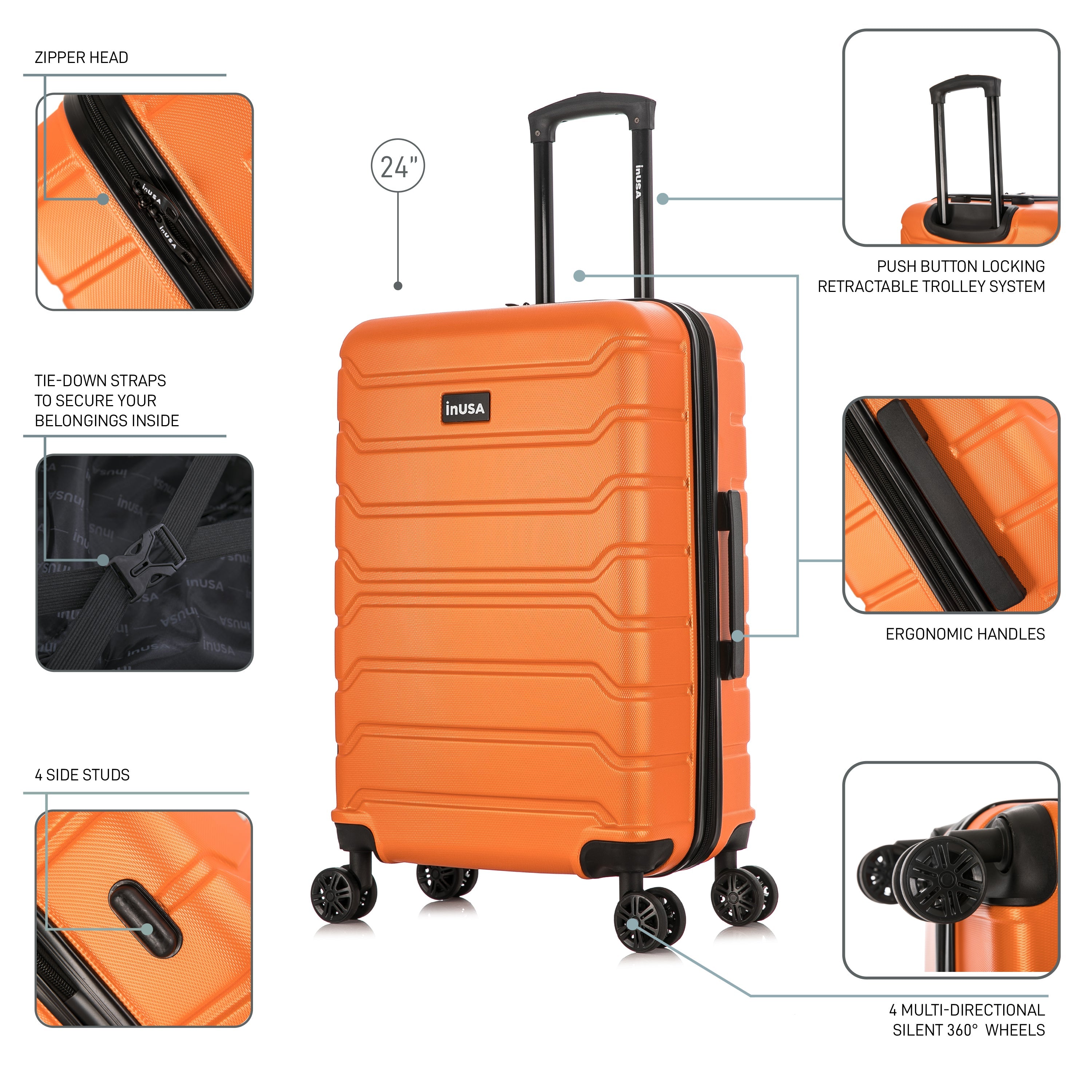 Orange suitcase with features highlighted on a white background