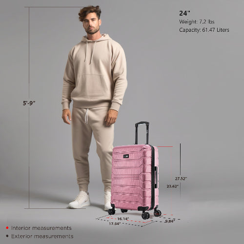 Man standing next to a pink suitcase with measurements displayed