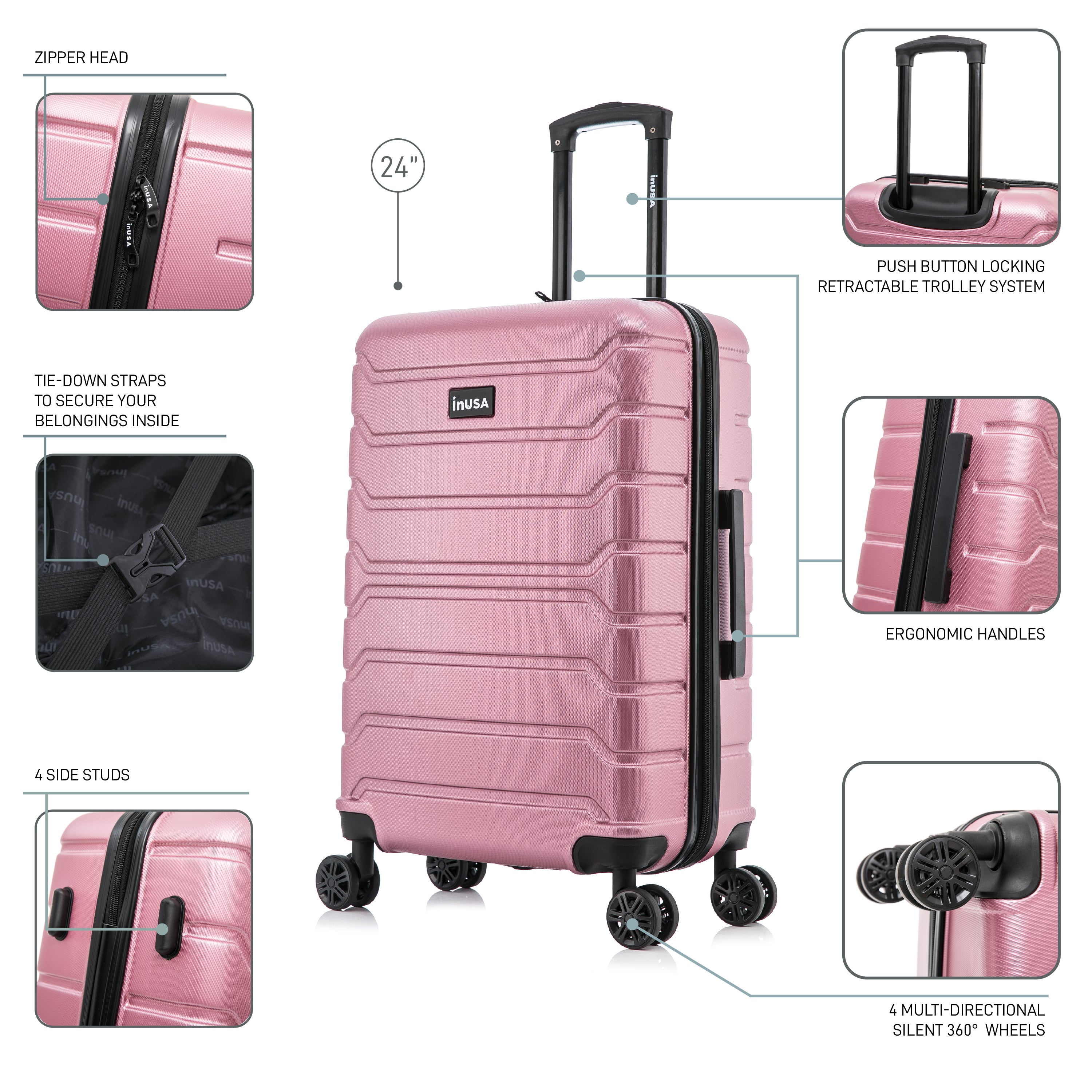 Pink suitcase with features highlighted on a white background