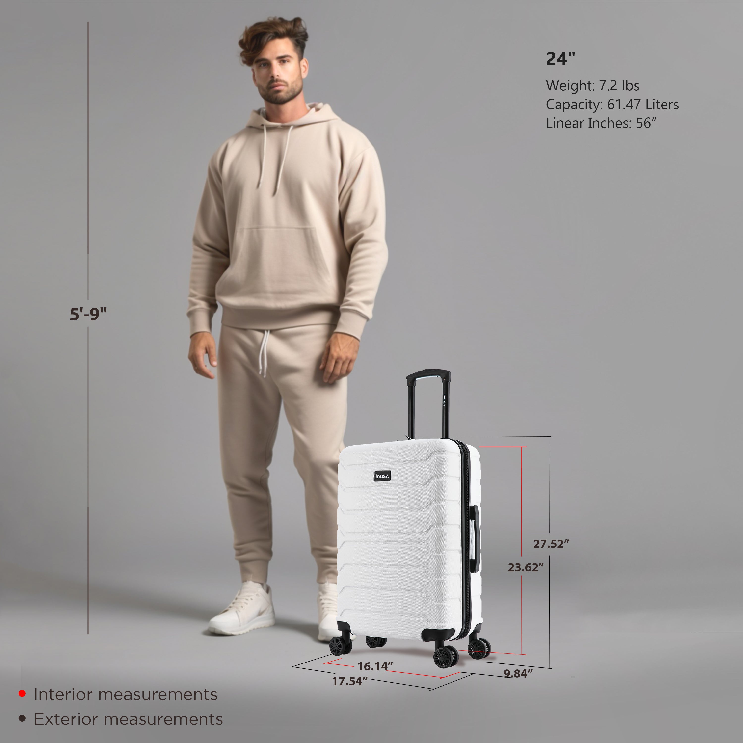 Man standing next to a white suitcase with measurements displayed