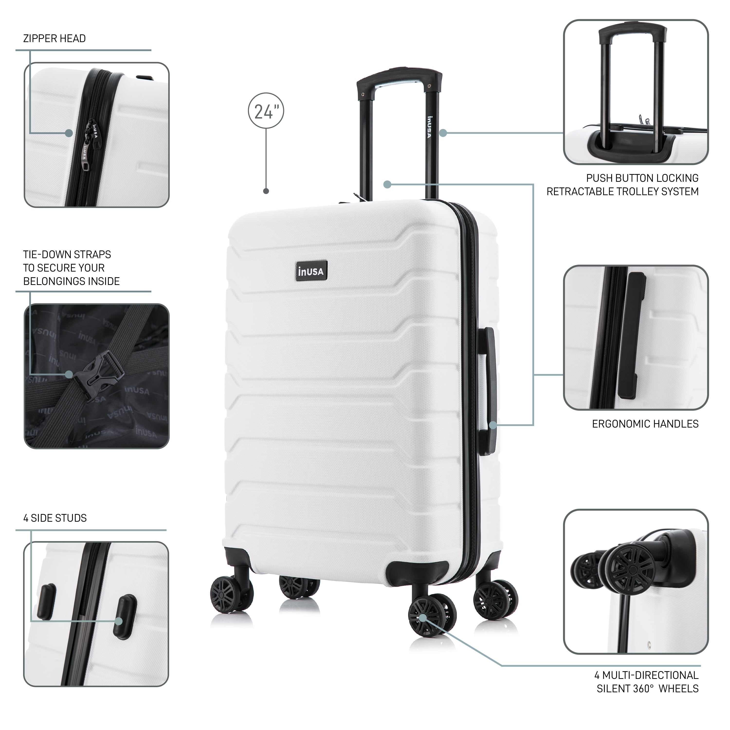 White suitcase with features highlighted on a white background