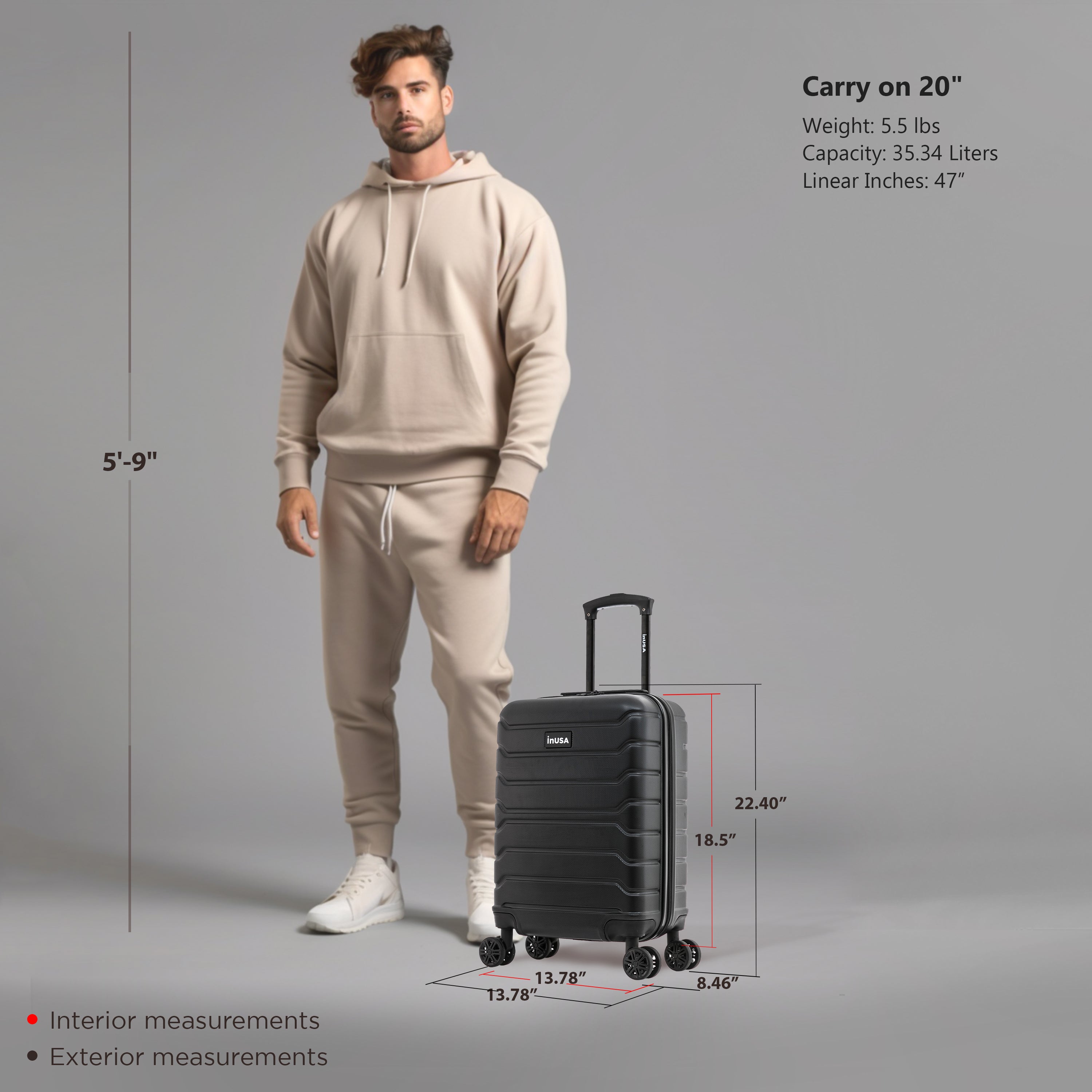 Man in beige hoodie and pants standing next to a black suitcase with measurements on a gray background