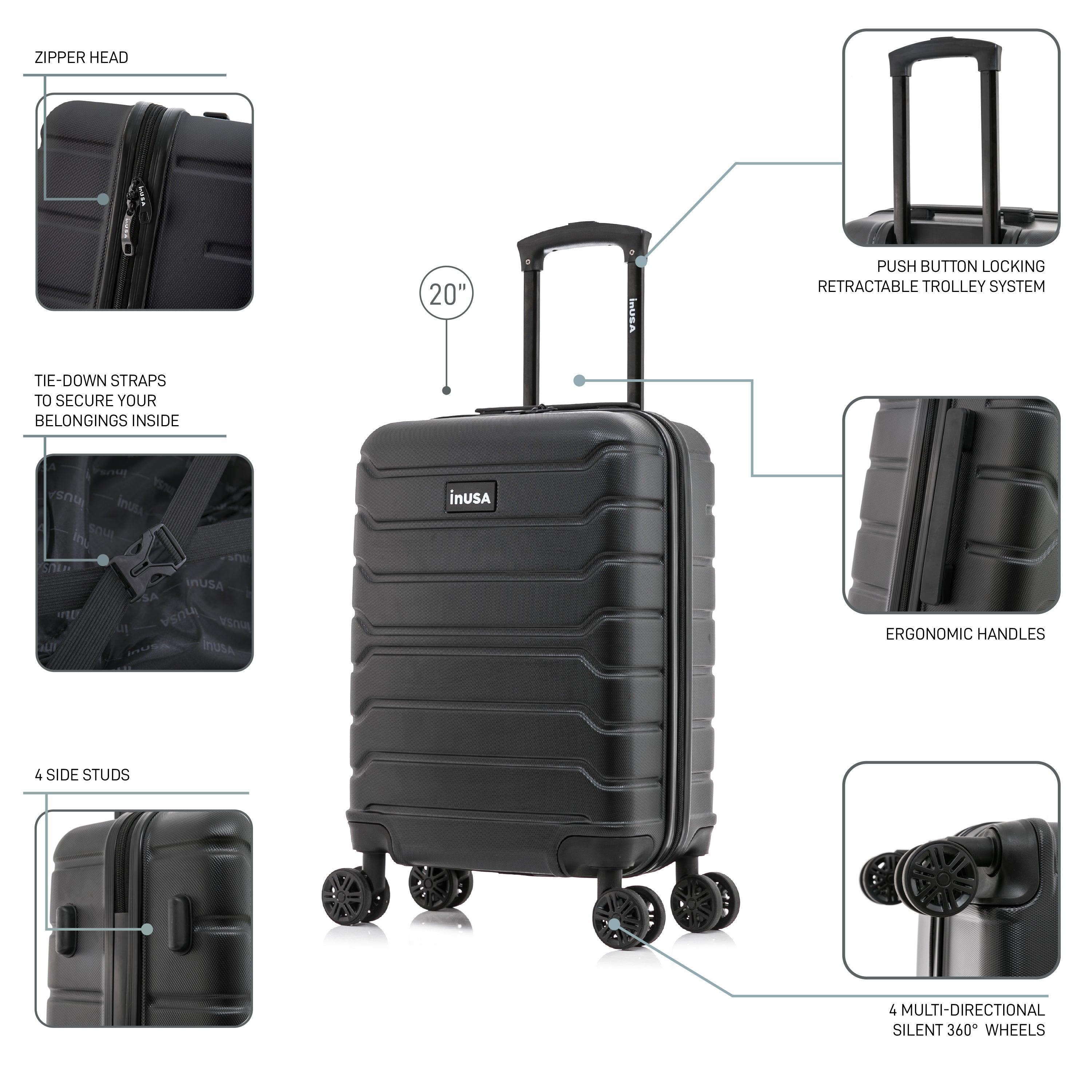 Black suitcase with features highlighted on a white background
