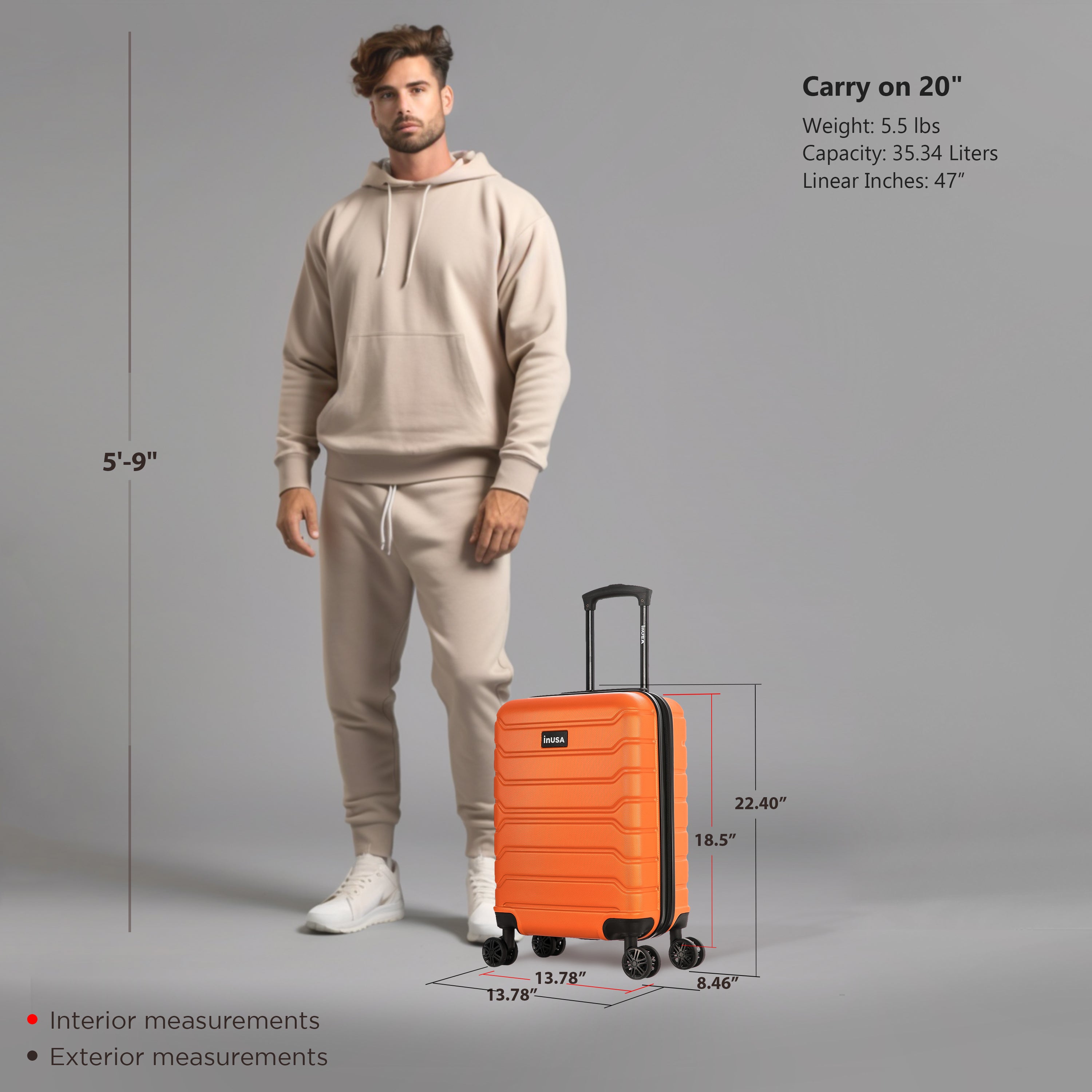 Man standing next to an orange suitcase with measurements on a gray background