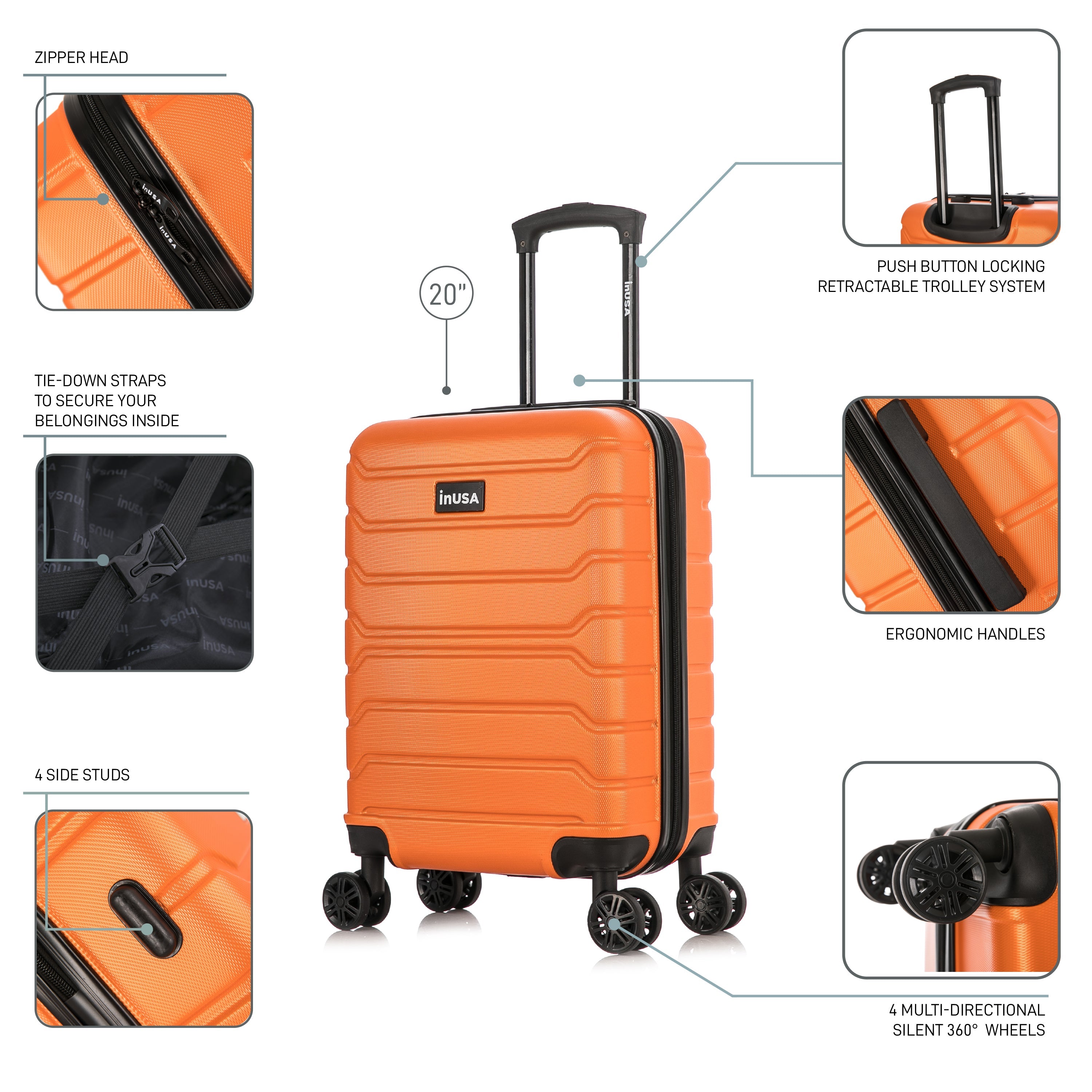 Orange suitcase with features highlighted on a white background