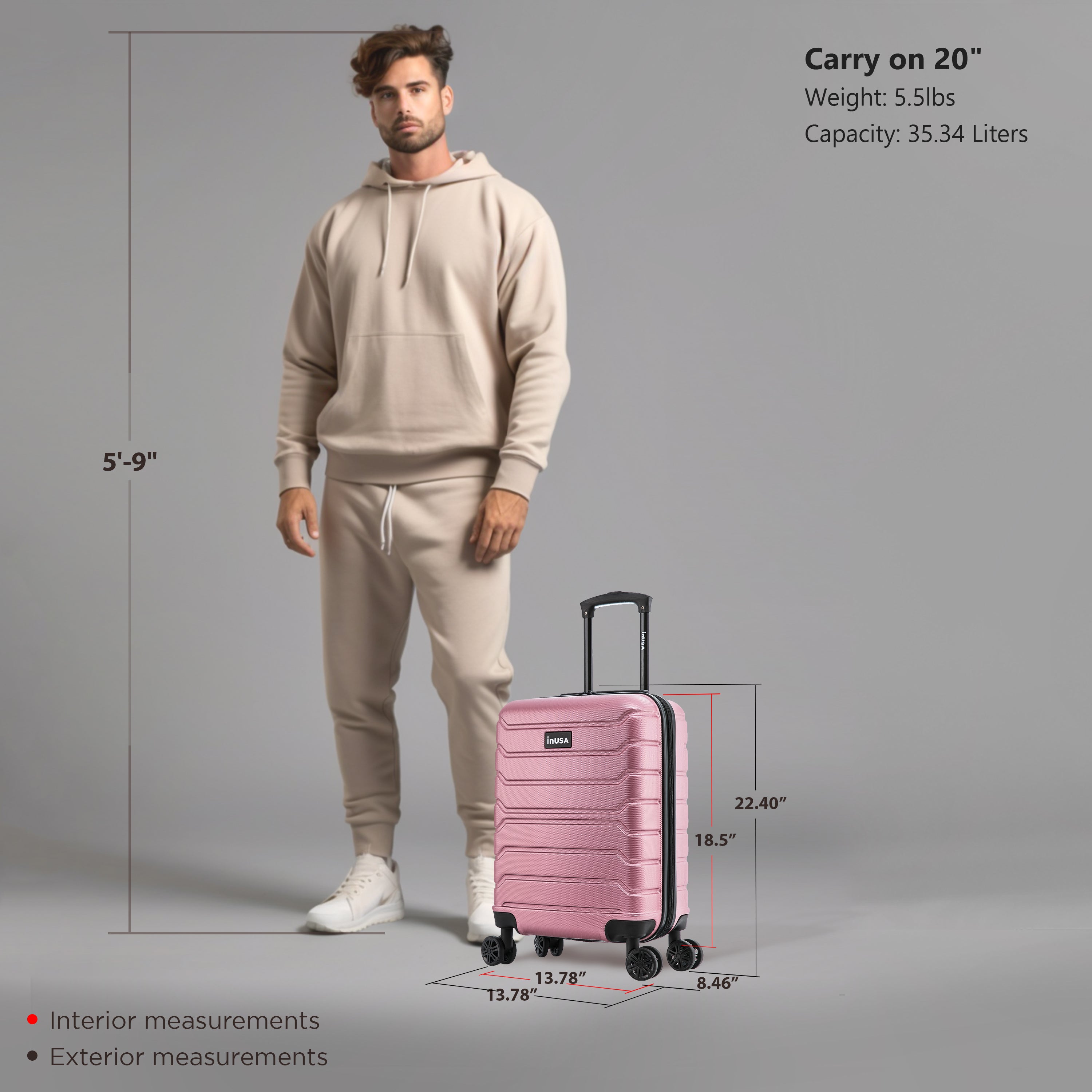 Man standing next to a pink suitcase with measurements displayed