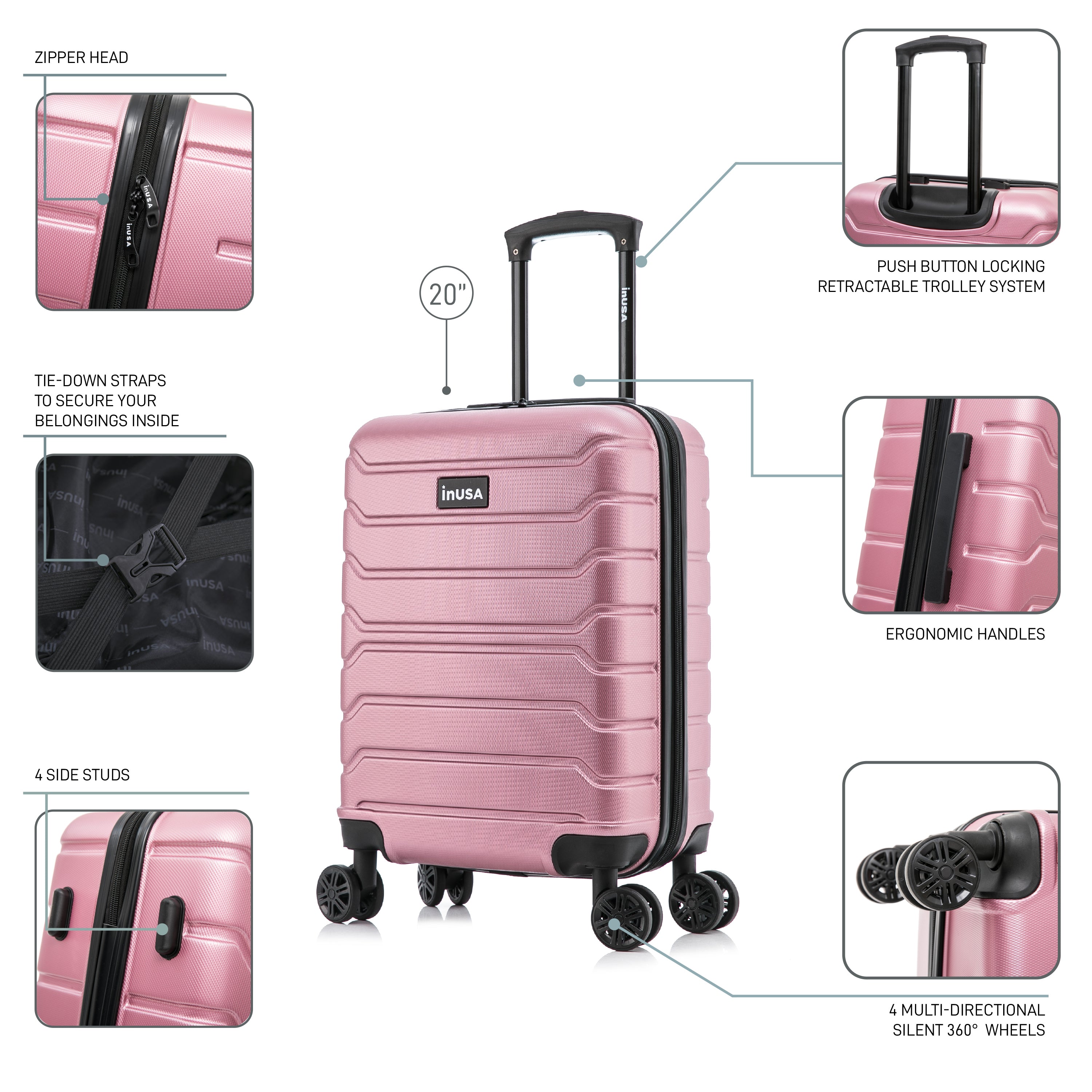 Pink suitcase with features highlighted on a white background