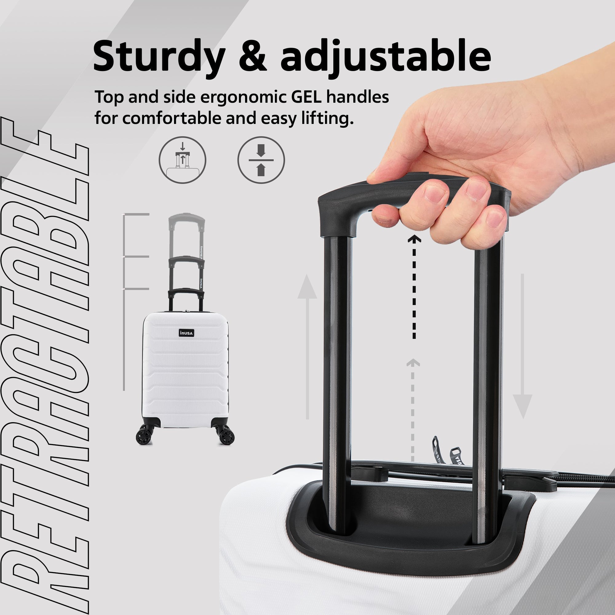 Hand holding a suitcase handle with text highlighting its sturdiness and adjustability.