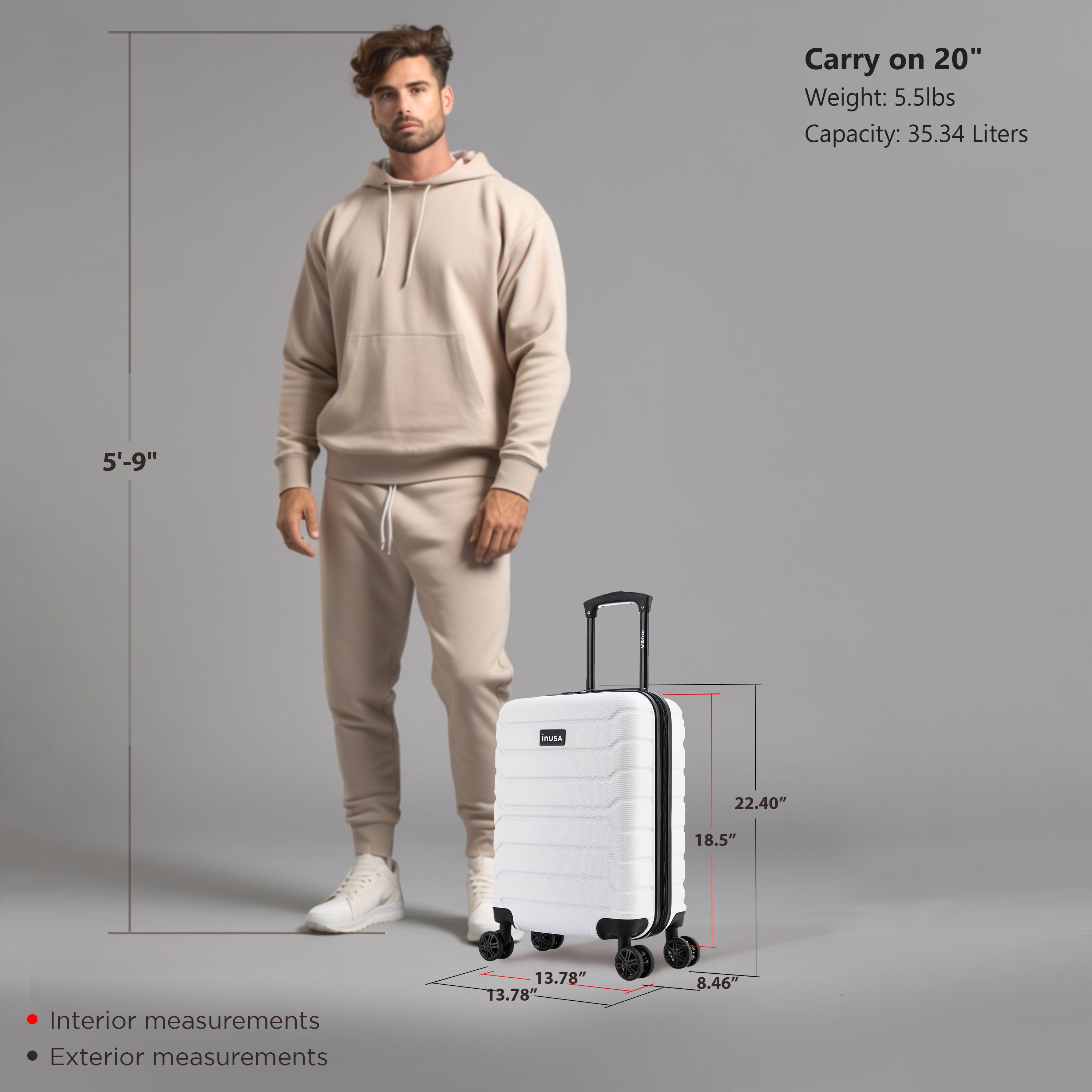 Man standing next to a white suitcase with measurements on a gray background