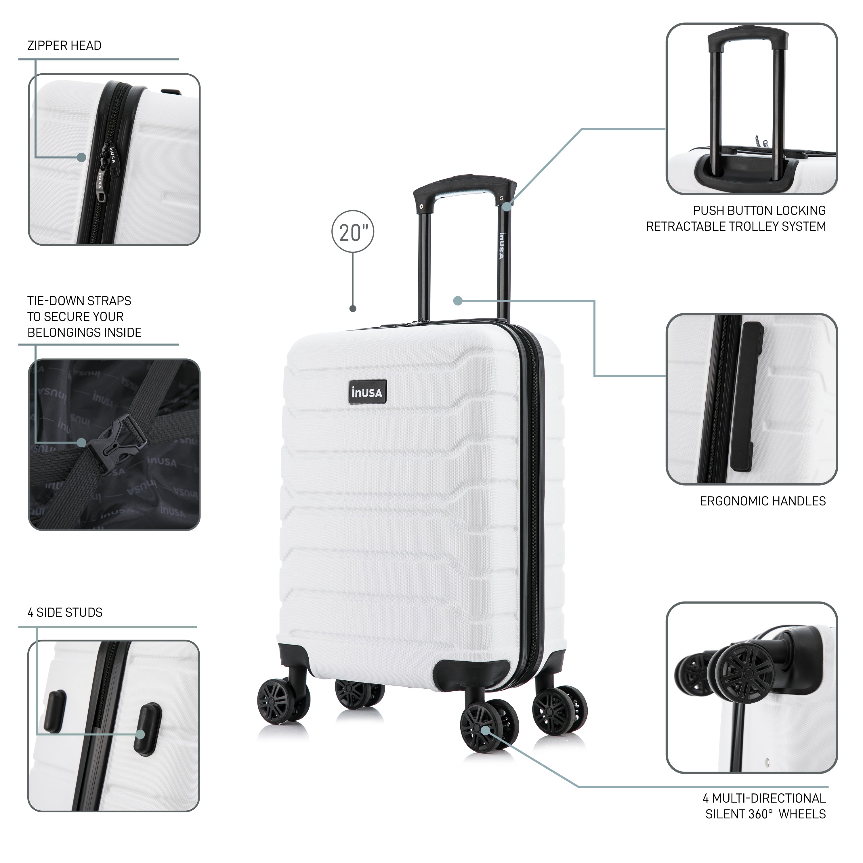 White suitcase with features highlighted on a white background