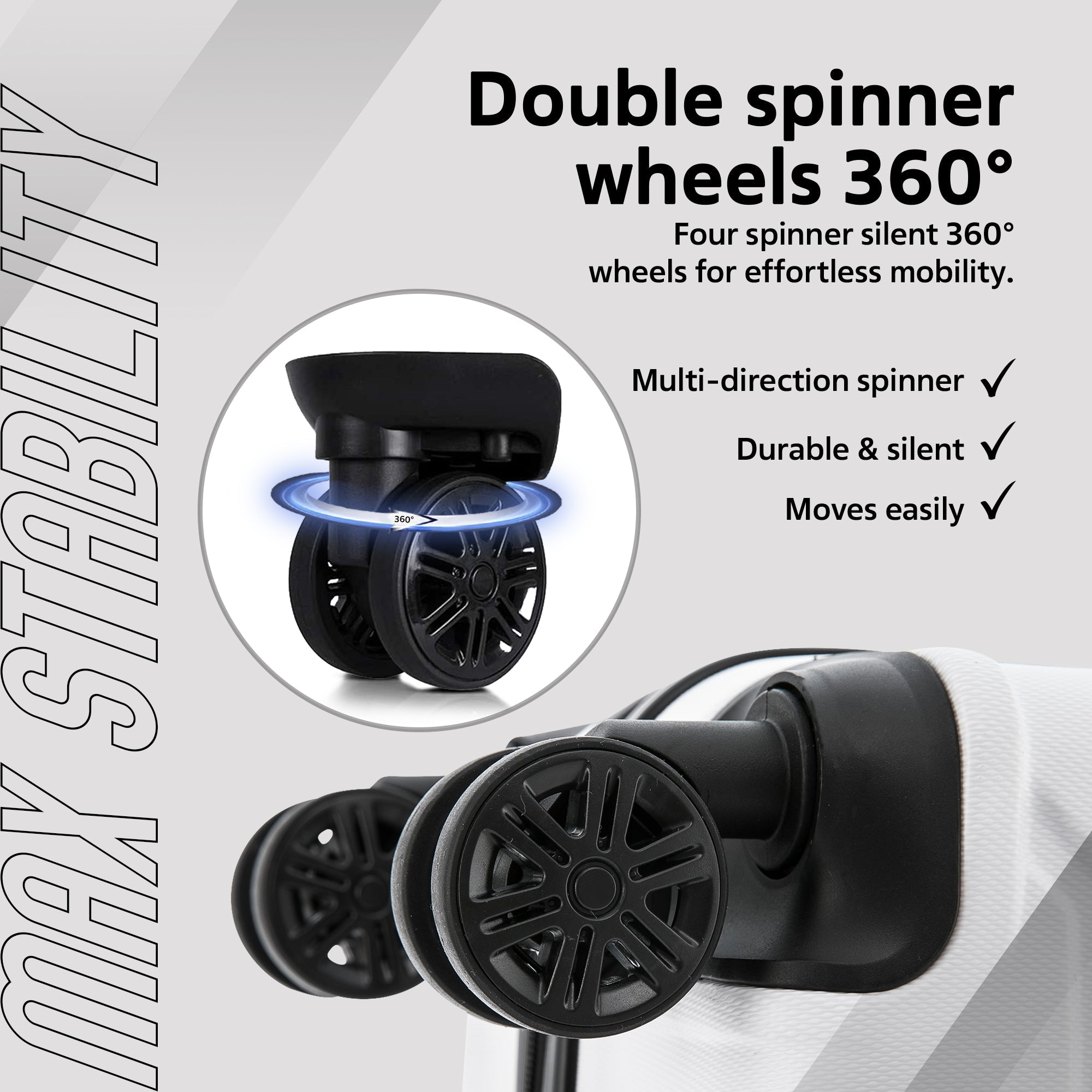 Double spinner wheels with text highlighting features on a gray background