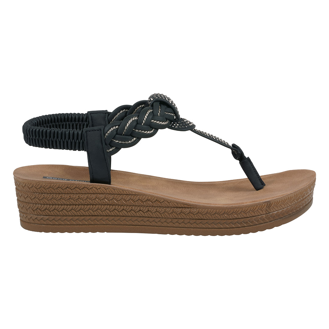 GC Shoes Women's Ivana Black Embellished Cross Strap Wedge Sandals