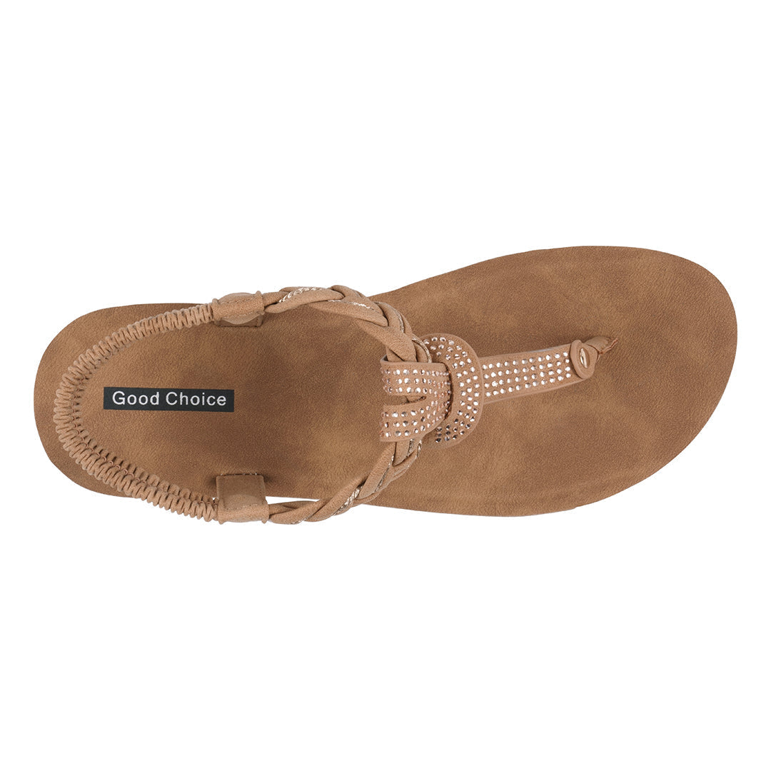 Brown sandal with 'Good Choice' label on a white background