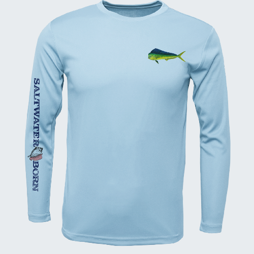 Light blue long-sleeve shirt with fish design and 'Saltwater Born' text on sleeve, on a white background.