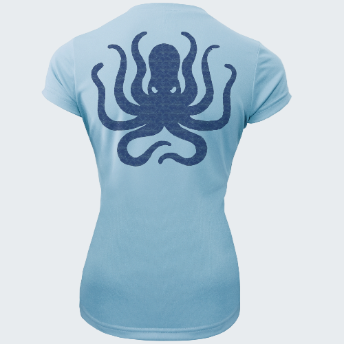 Light blue t-shirt with a dark blue octopus design on the back against a white background