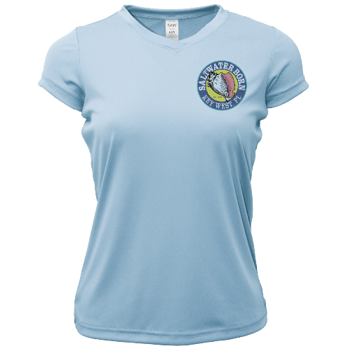 Light blue t-shirt with a logo on the chest against a white background