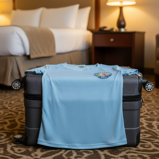 Light blue t-shirt with a logo on the chest against a white background