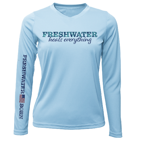Light blue long-sleeve shirt with 'Freshwater Heals Everything' text on a white background