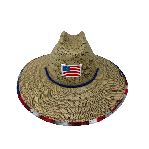 Straw hat with American flag design on a white background
