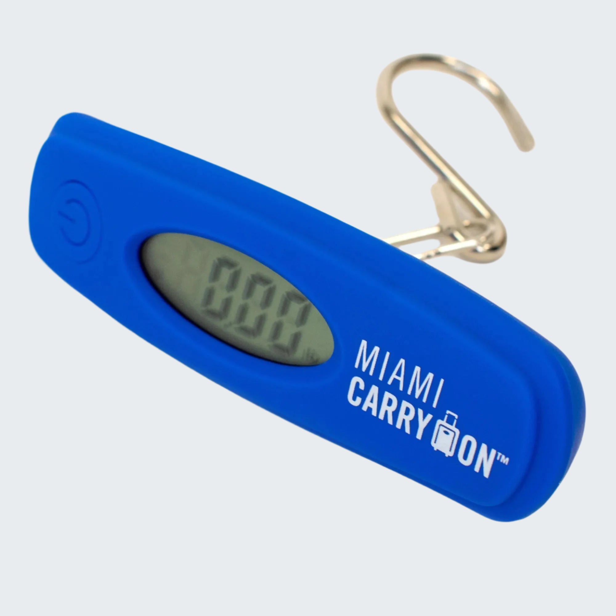 Blue digital luggage scale with a hook, displaying '8.88 kg', on a white background.