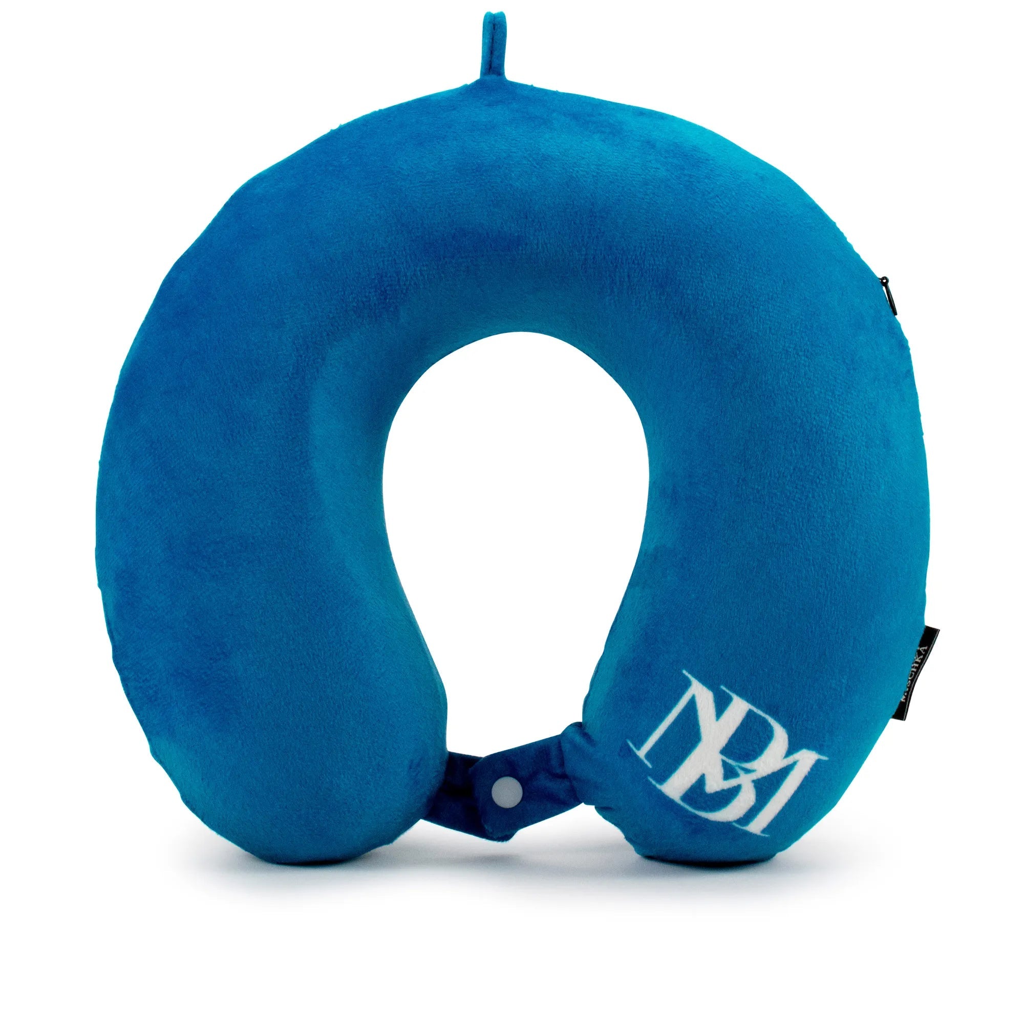 Blue neck pillow with a brand logo on a white background