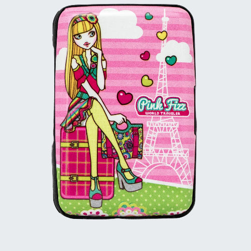 Pink case with cartoon character and Eiffel Tower design, featuring the brand 'Pink Fitz'.