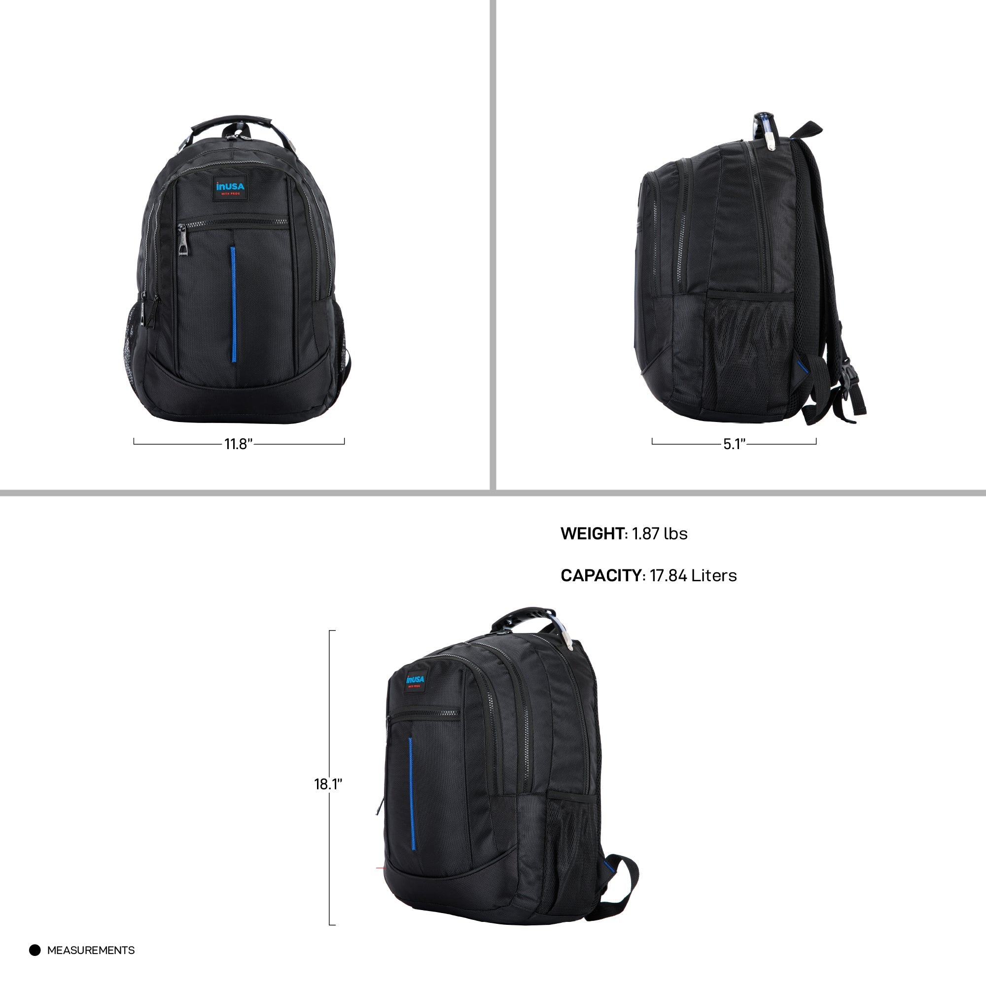 Black backpack with measurements, weight, and capacity displayed on a white background